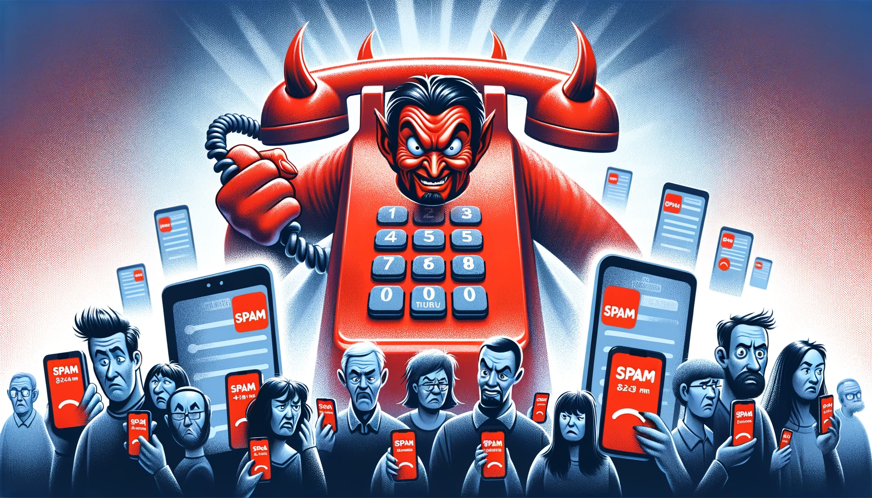 An AI-generated illustration that depicts an anthropomorphic red telephone with devilish features like horns and a mischievous grin, making a call. In front of it, a diverse group of people are shown, annoyed and holding phones