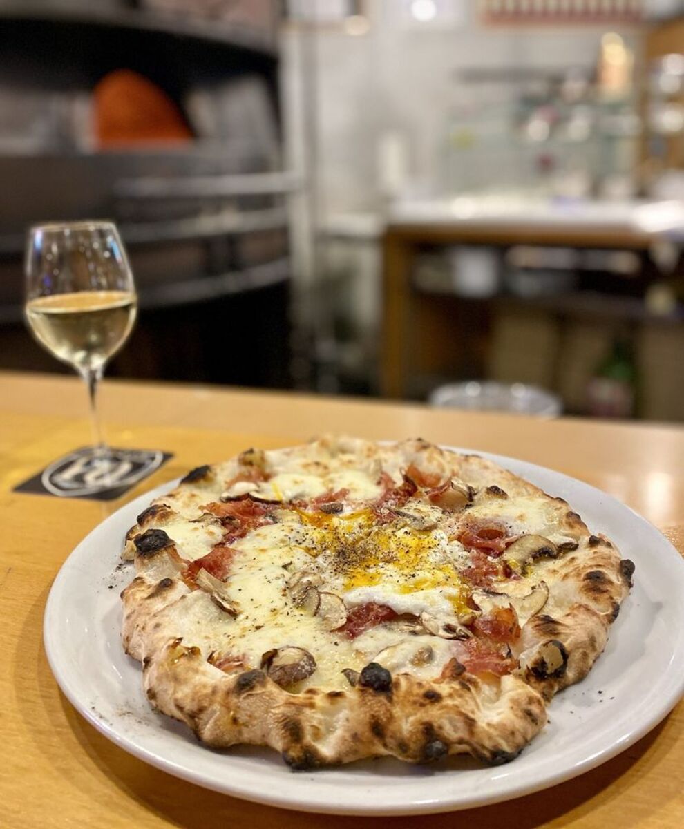 Pizza on Plate With a Glass of White Wine, Pizza Strada, Tokyo