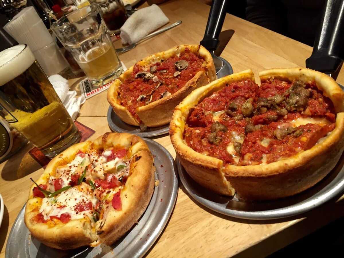 Three Deep Dish Pizzas on Table, Devil Craft, Tokyo