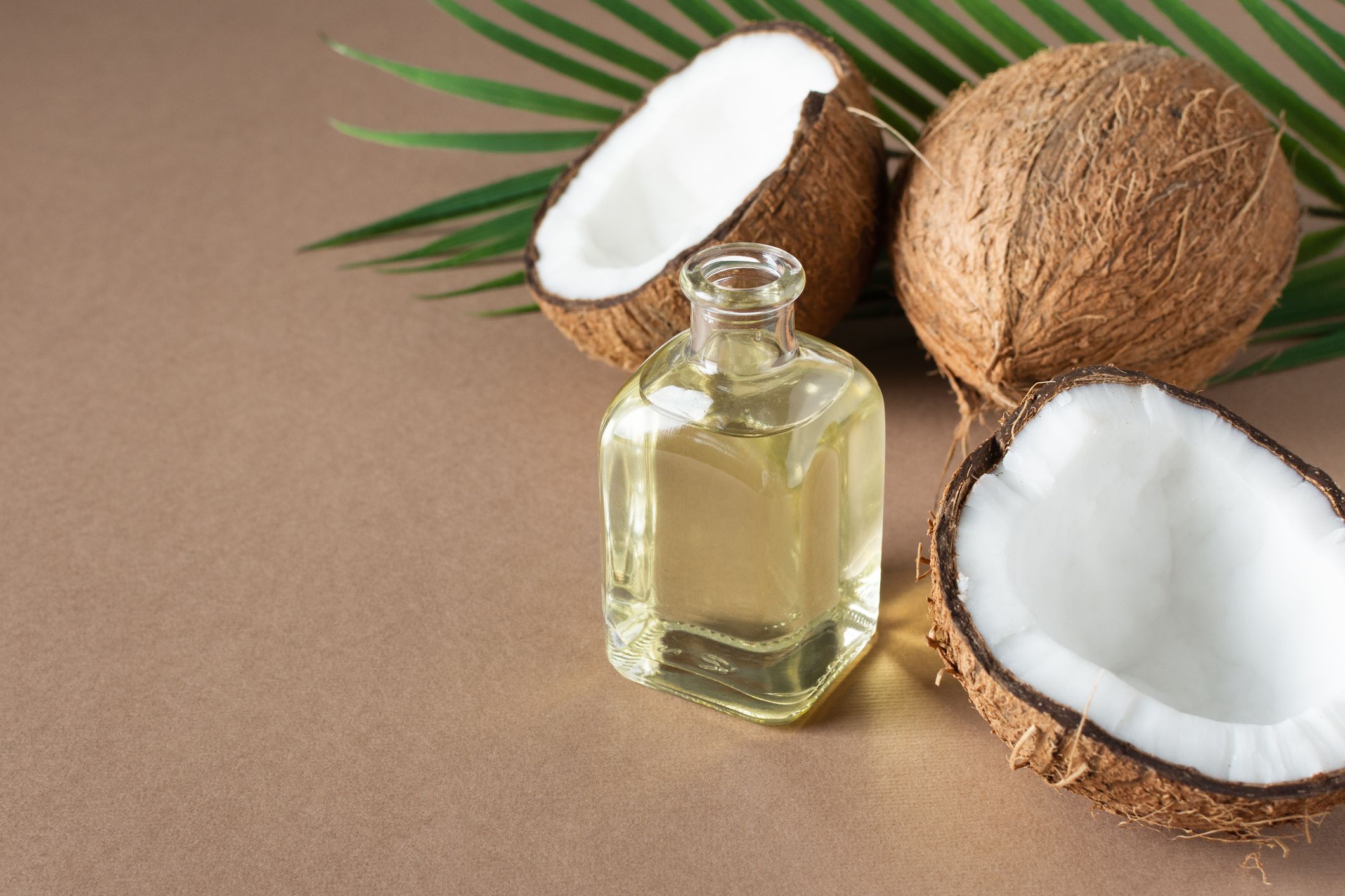 Bottle of coconut oil and fresh coconuts with palm leaf on brown background. Coconut natural cosmetics.