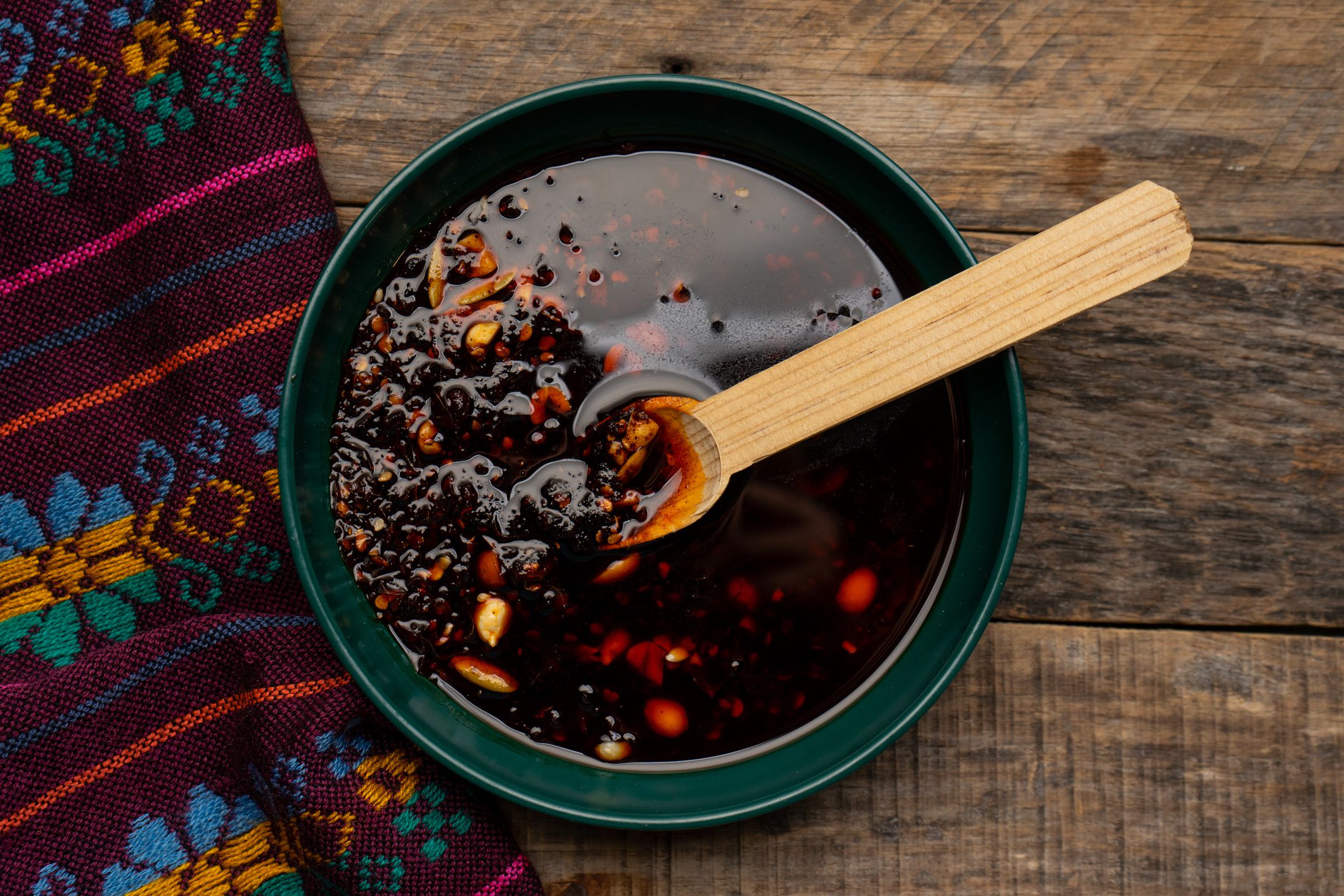 Chili oil sauce with sesame and peanuts called macha. Traditional Mexican food