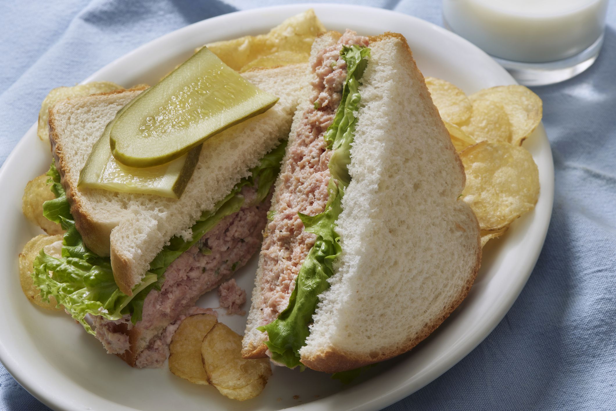 Classic Retro Style Deviled Ham Salad Sandwich on White Bread with Lettuce, Dill Pickles and Potato Chips