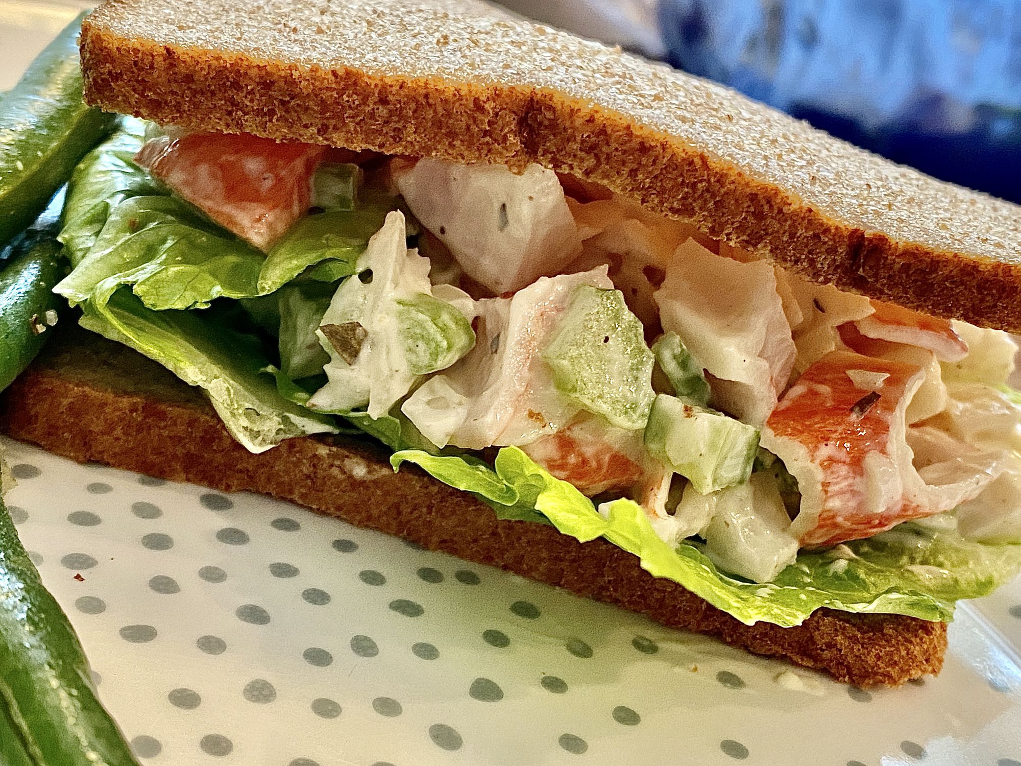 Crab salad sandwich with fresh green beans
