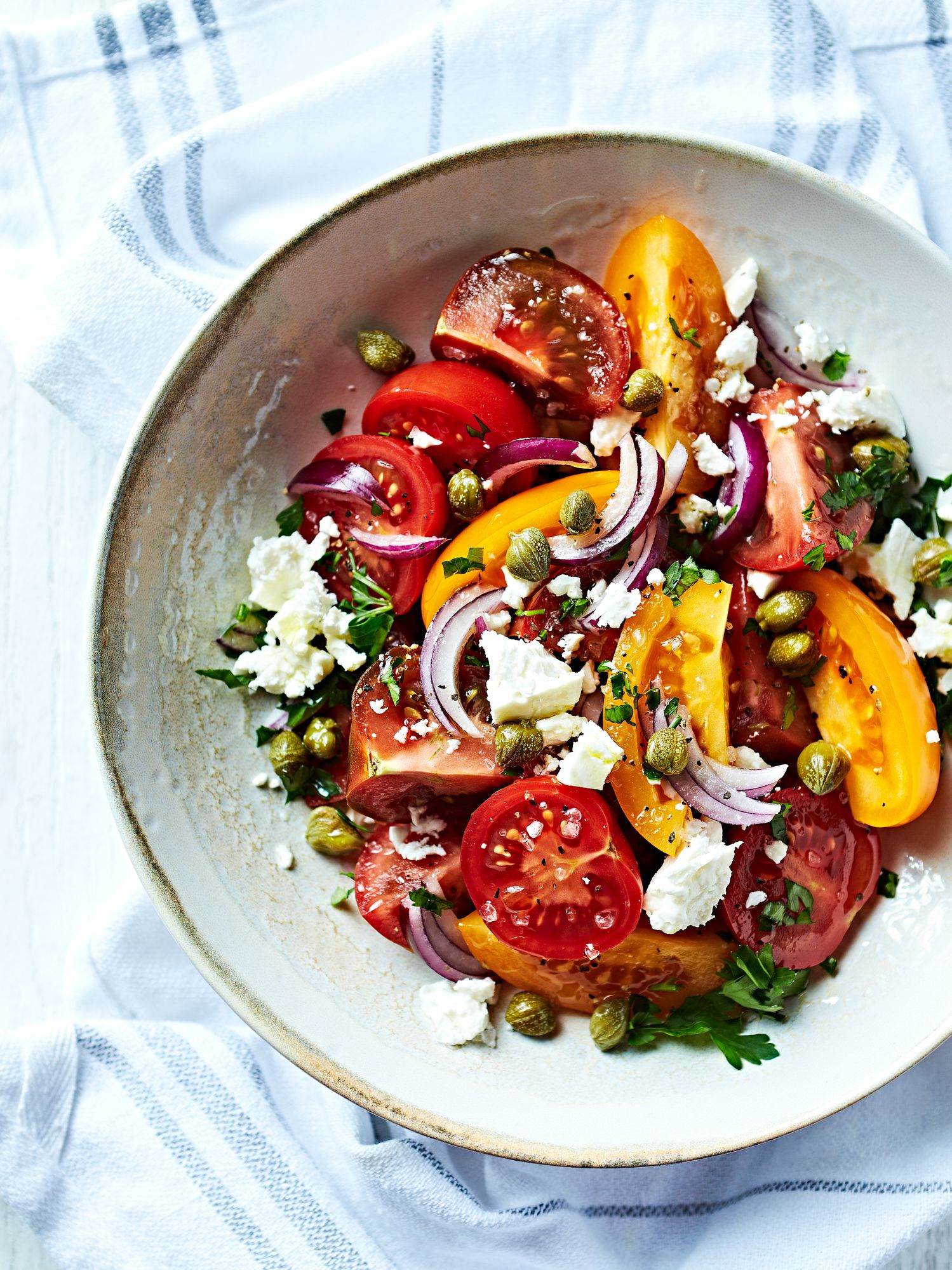 Mediterranean-style tomato sald with feta, red onion and capers