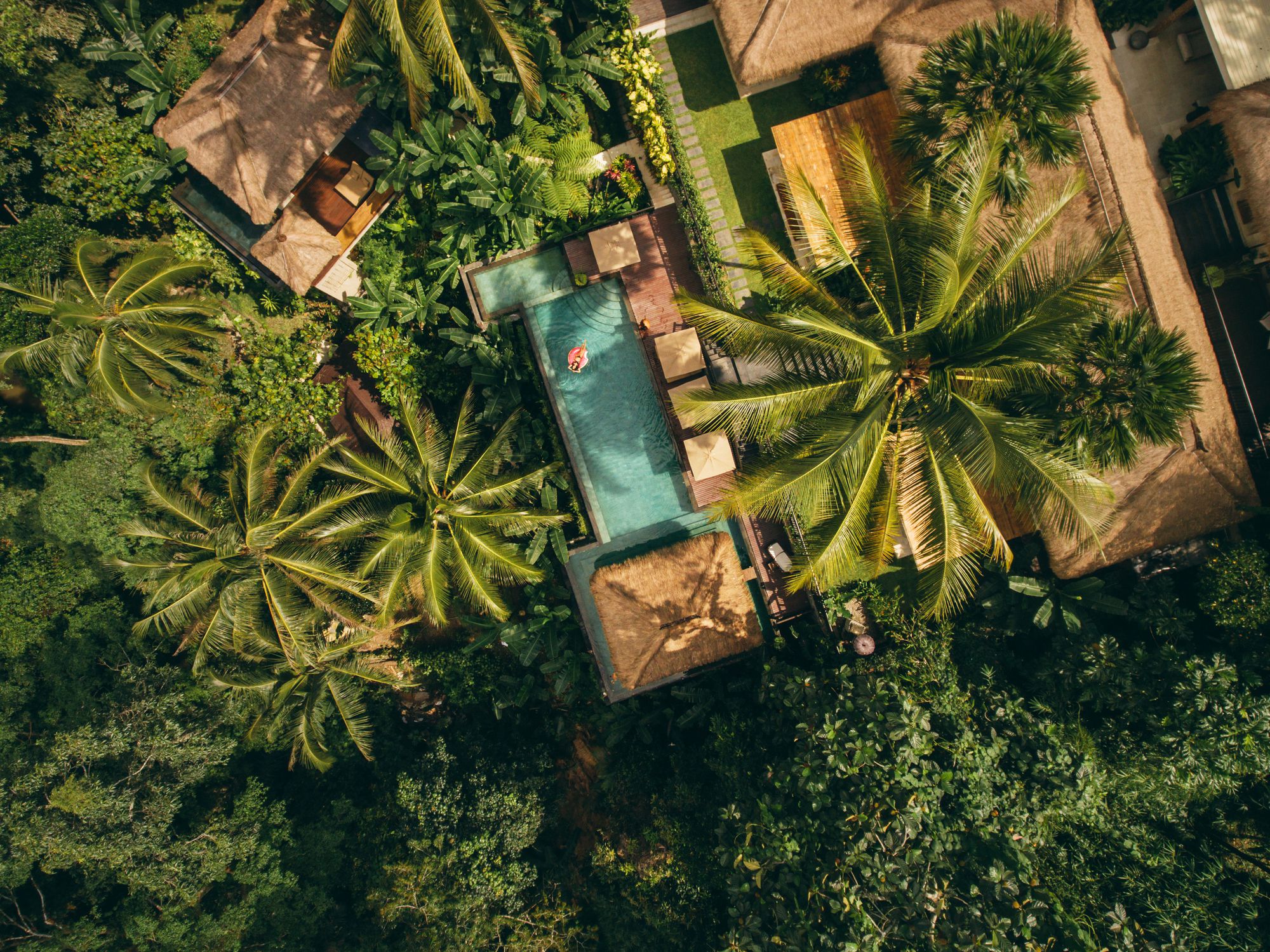 Aerial view of luxury resort in forest surrounded by trees. Hotel with swimming pool.