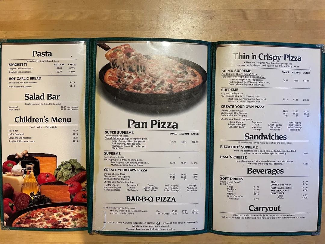 Pizza Hut menu from 1984