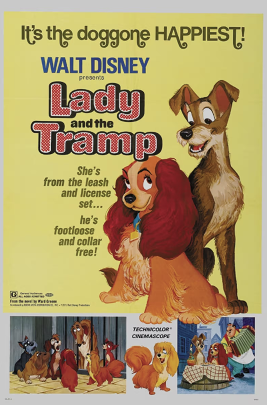 Movie poster for the 1955 movie, Lady and the Tramp