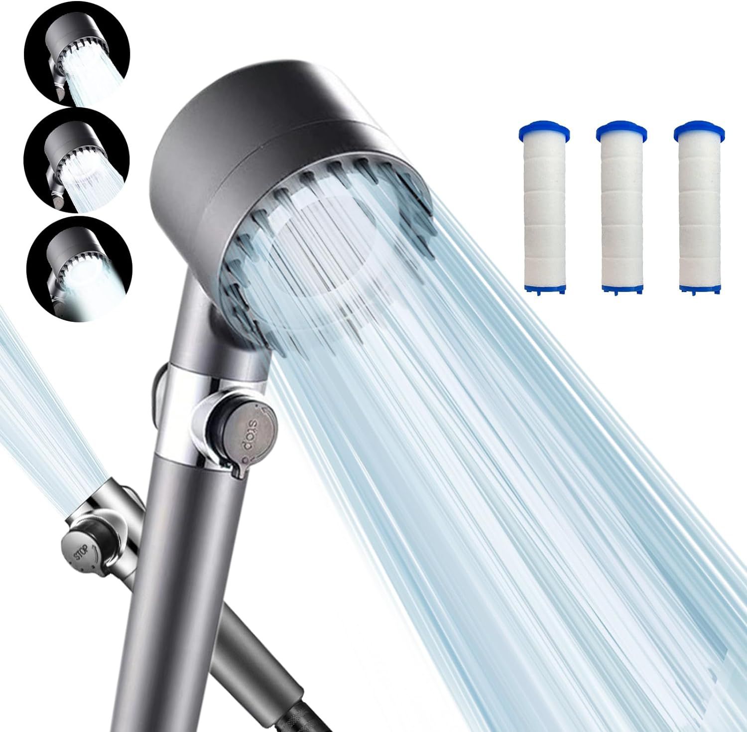a massaging shwer head and four water filters