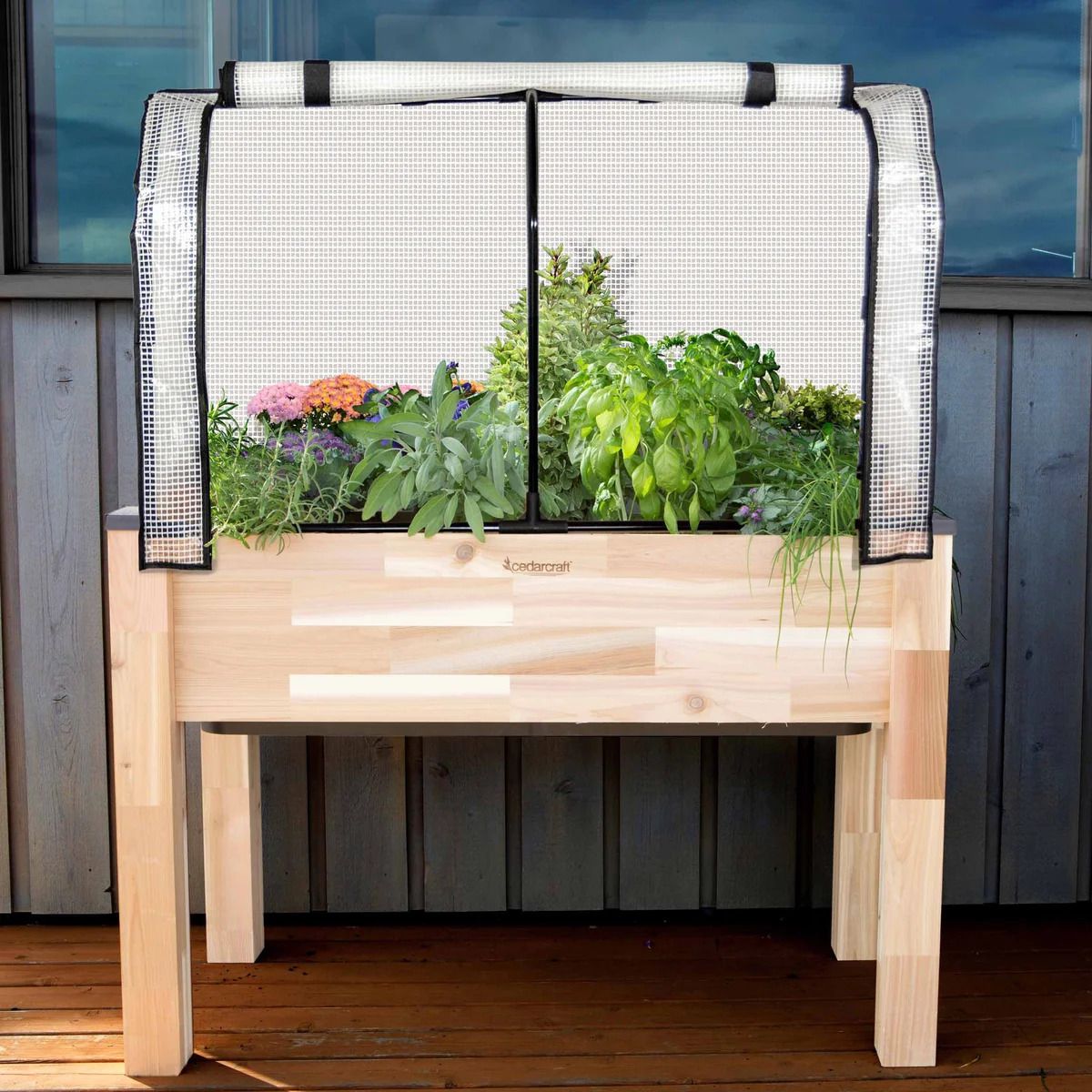 CedarCraft Self-Watering Elevated Cedar Planter With Greenhouse and Bug Cover