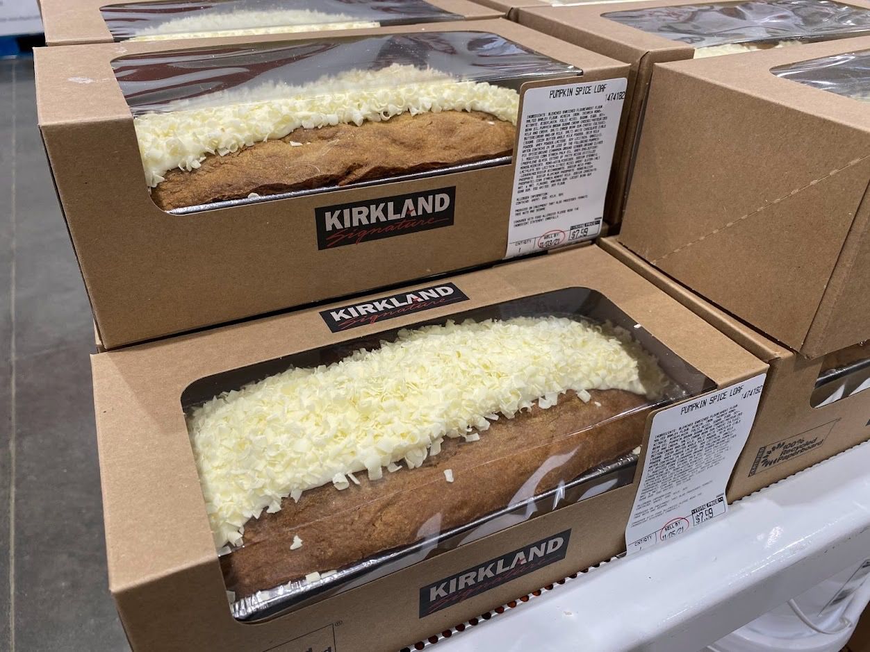 Stacked boxes of Costco Pumpkin Spice Loaf.