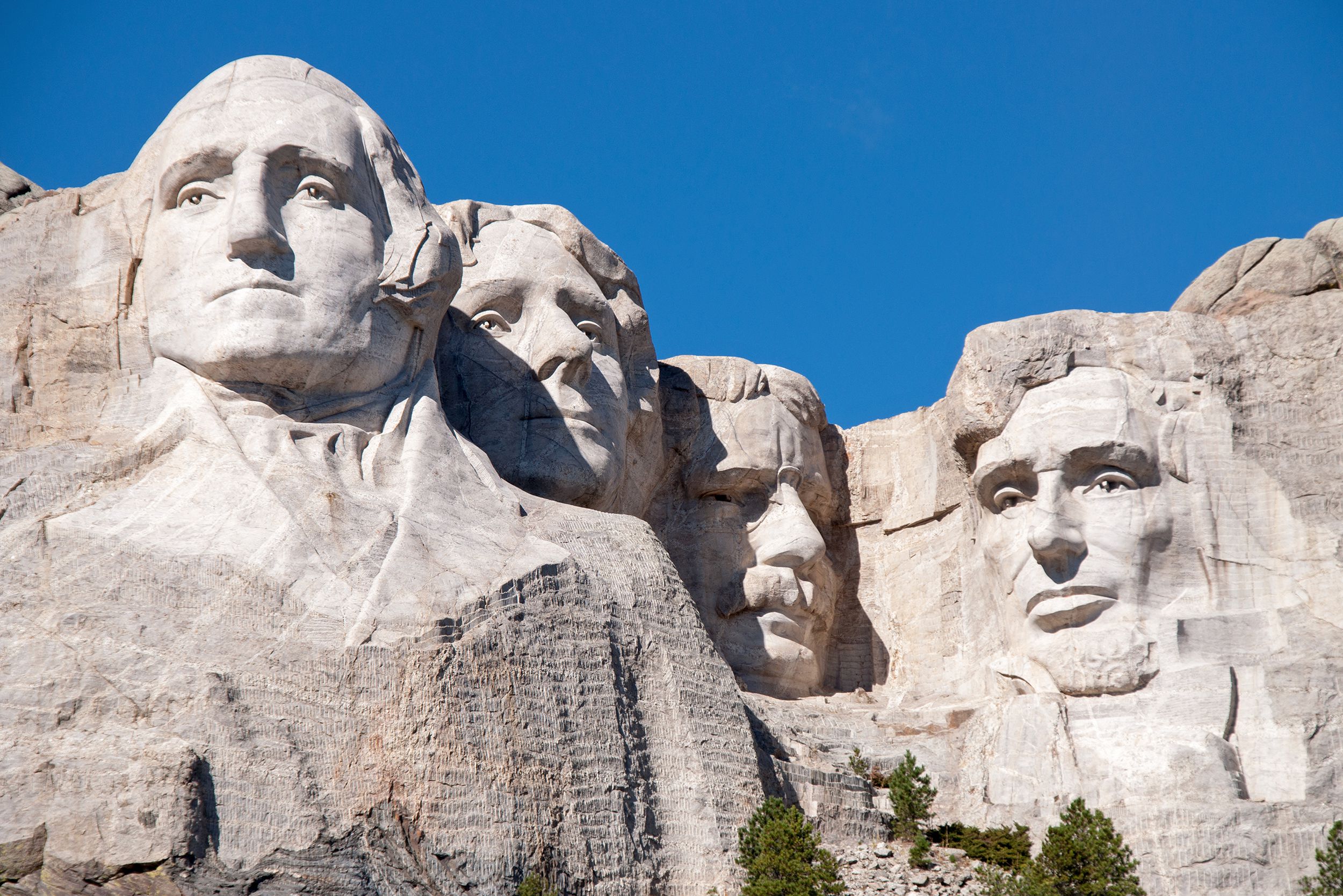 Four heads of Mount Rushmore, South Dakota, trees at the bottom, against a clear blue sky