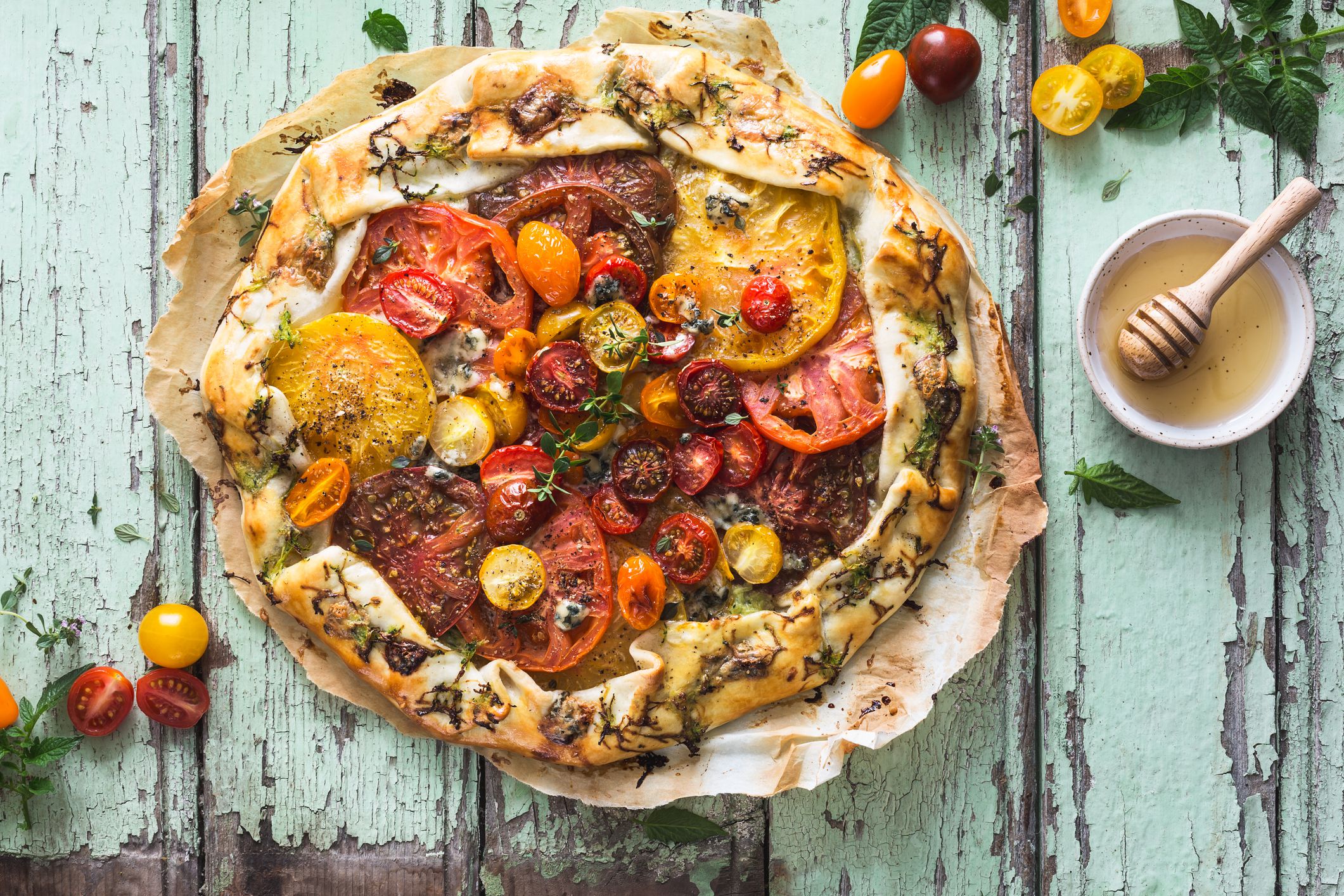 Old Tomato Pie or Heirloom Tomato Tart, Zucchini, Cheese, Thyme and Honey