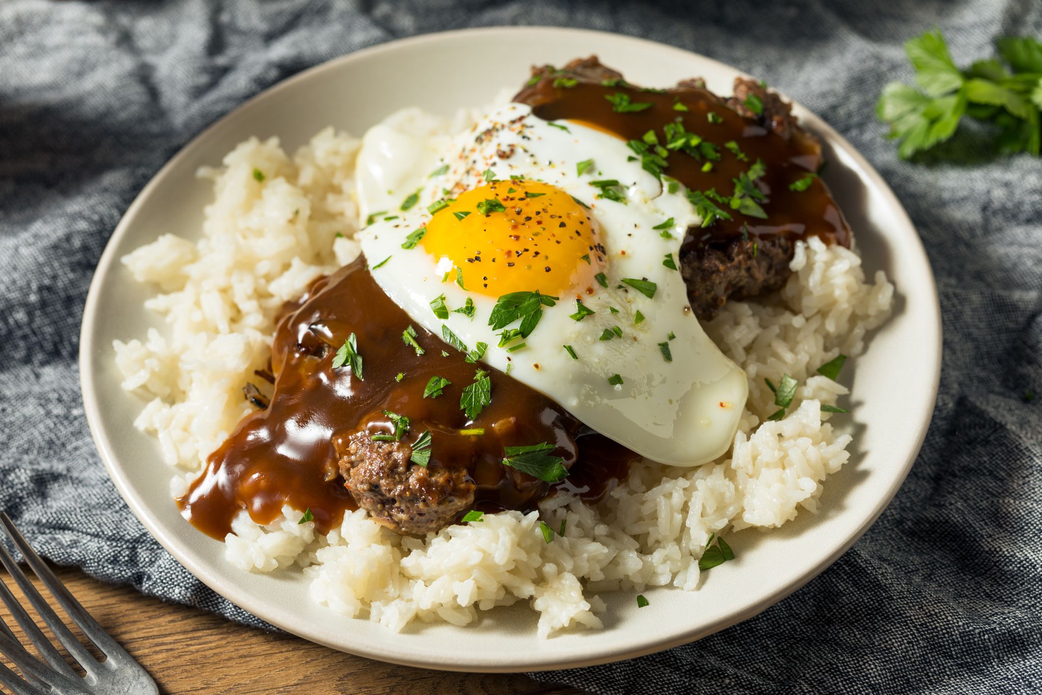 Homemade Hawaiian Loco Moco with Hamburger and Rice