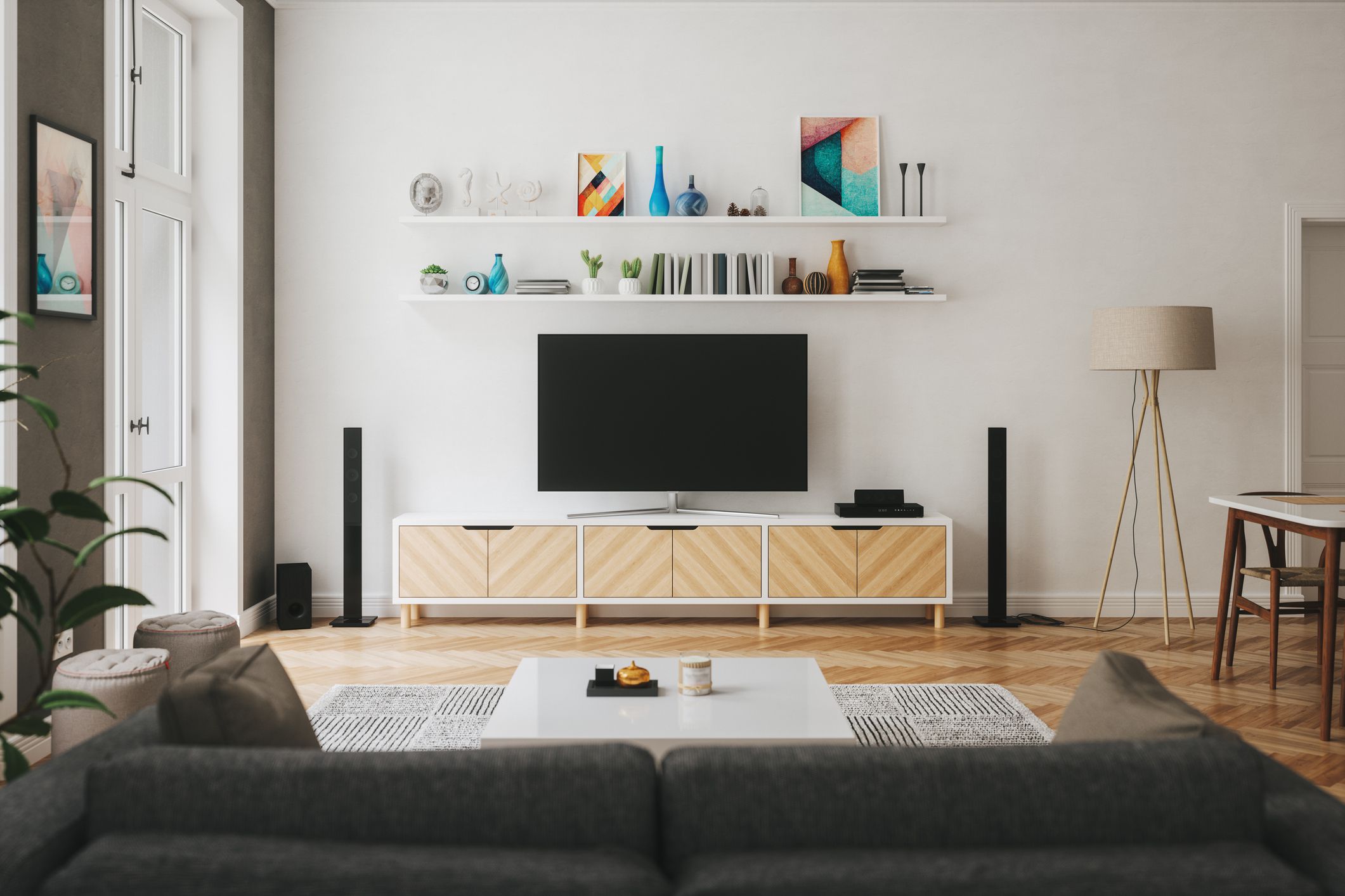 Cozy Scandinavian style living room with home entertainment center.