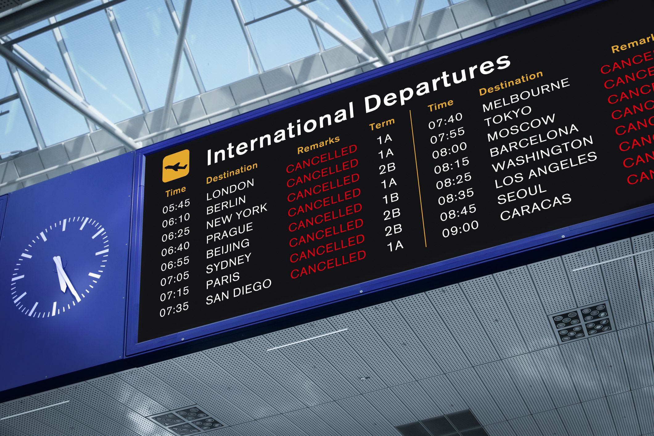 International Departures Information Board with All Flights Cancelled. Photomontage. SEE MY OTHER SIMILAR PHOTOS: