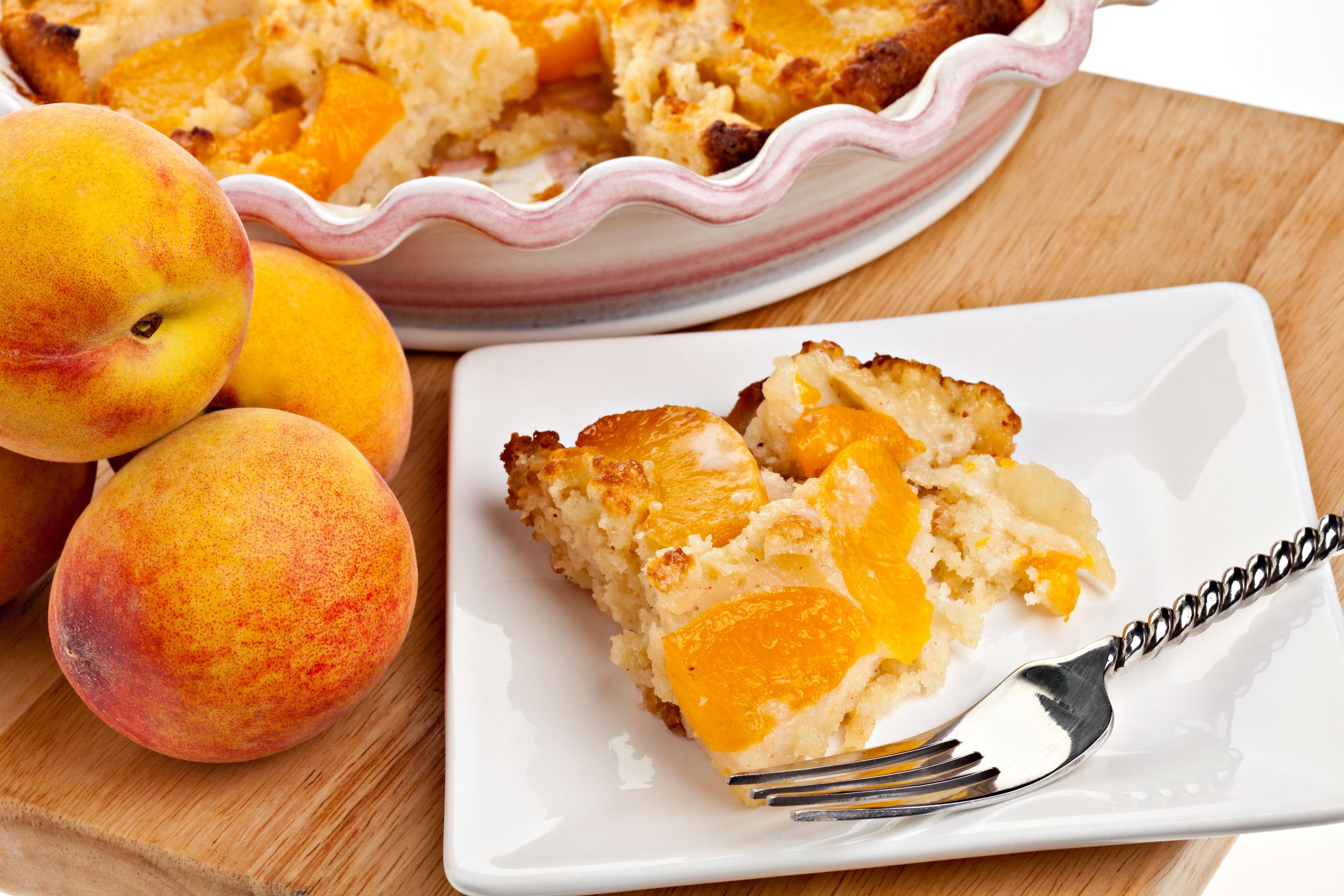 A horizontal shot of peach cobbler