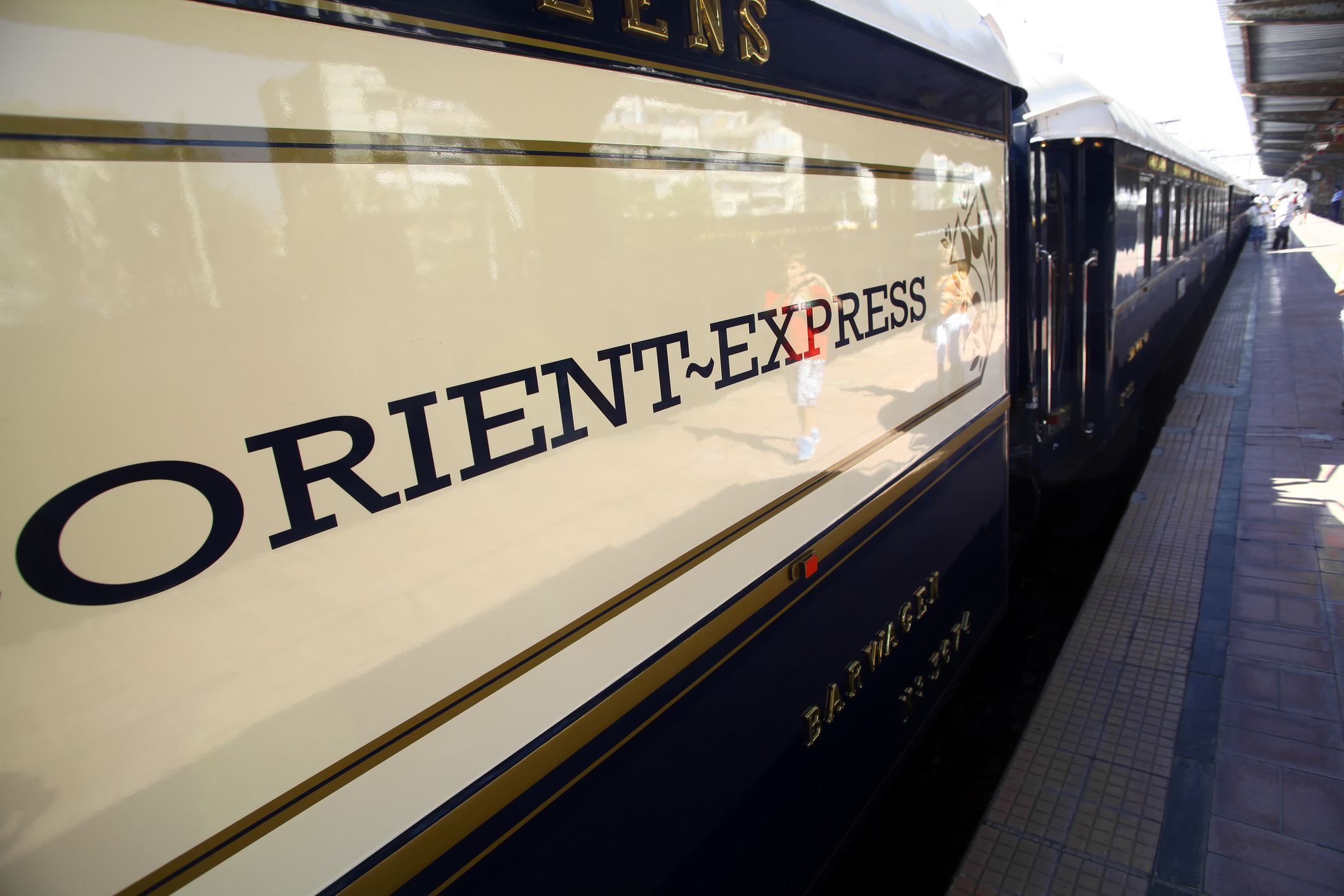 Bucharest, Romania - September 3, 2012: Detail on one of the wagons of the Orient Express train, shortly after arriving in Bucharest. The Venice Simplon-Orient-Express, is a private luxury train service, known as the Orient Express.
