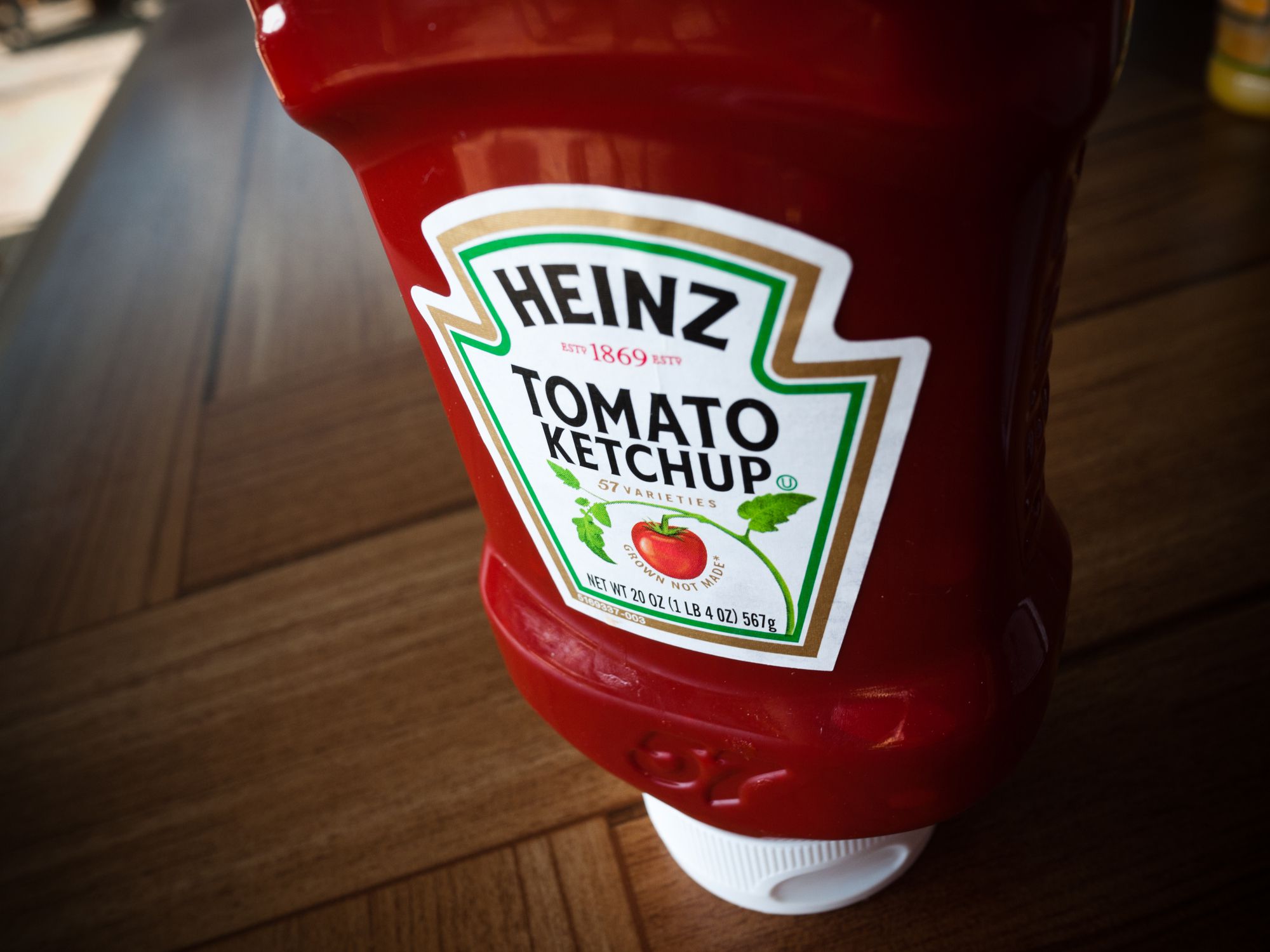 Florida City, Florida, USA - March 21, 2011: close-up of a Heinz Tomato Ketchup container on a table in a restaurant located in Florida City.