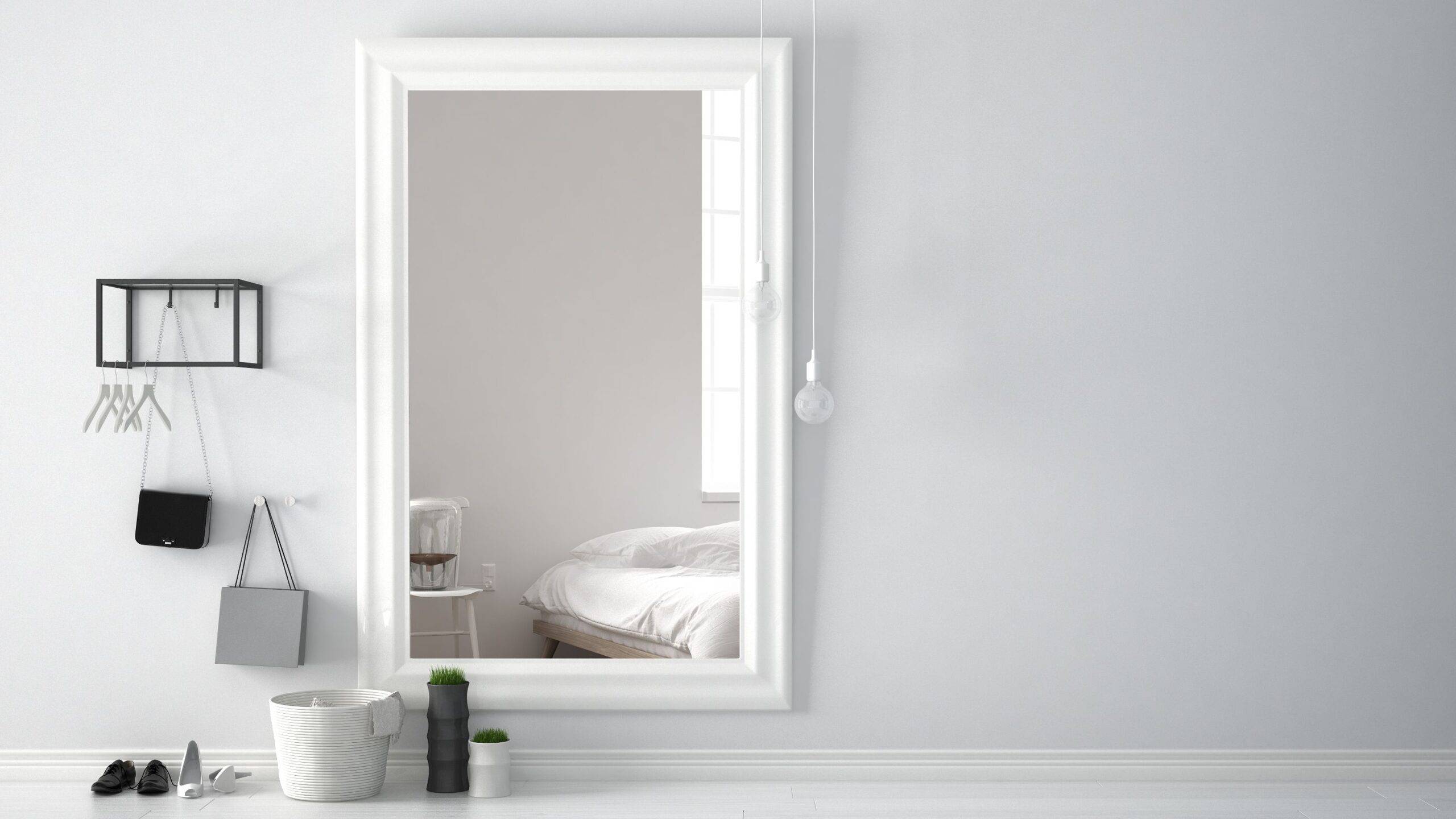 Scandinavian entrance lobby hall with mirror reflecting bright bedroom with bed, chair and table lamp, minimalist white interior design