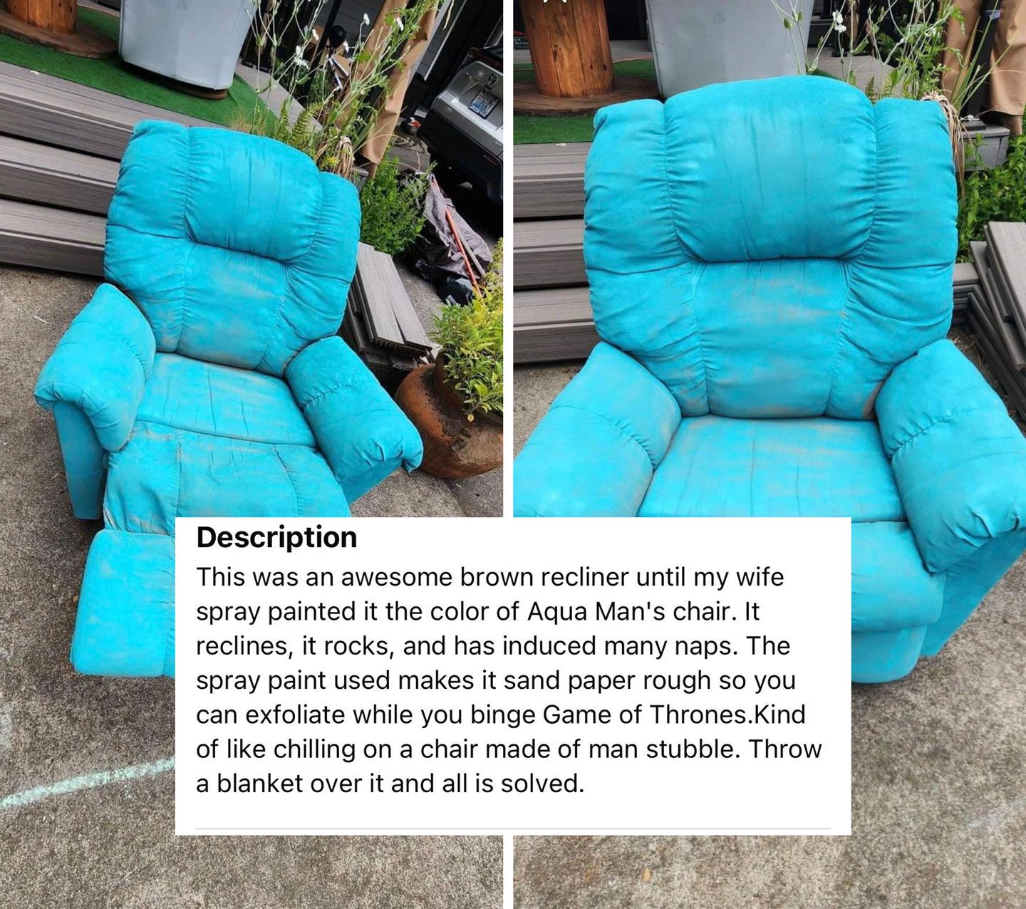 Recliner that was spray painted blue
