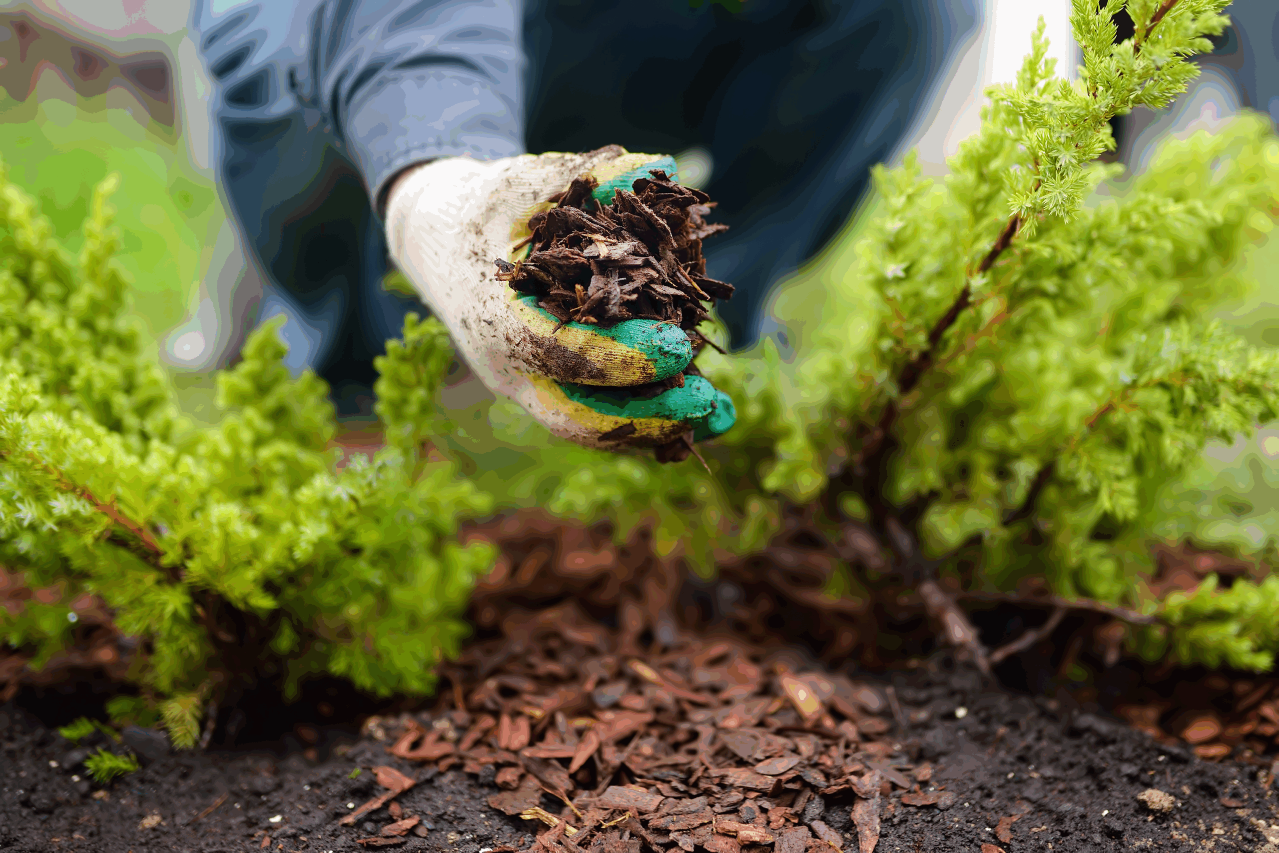 Gloved Hand Holding Mulch, Applying It to a Garden