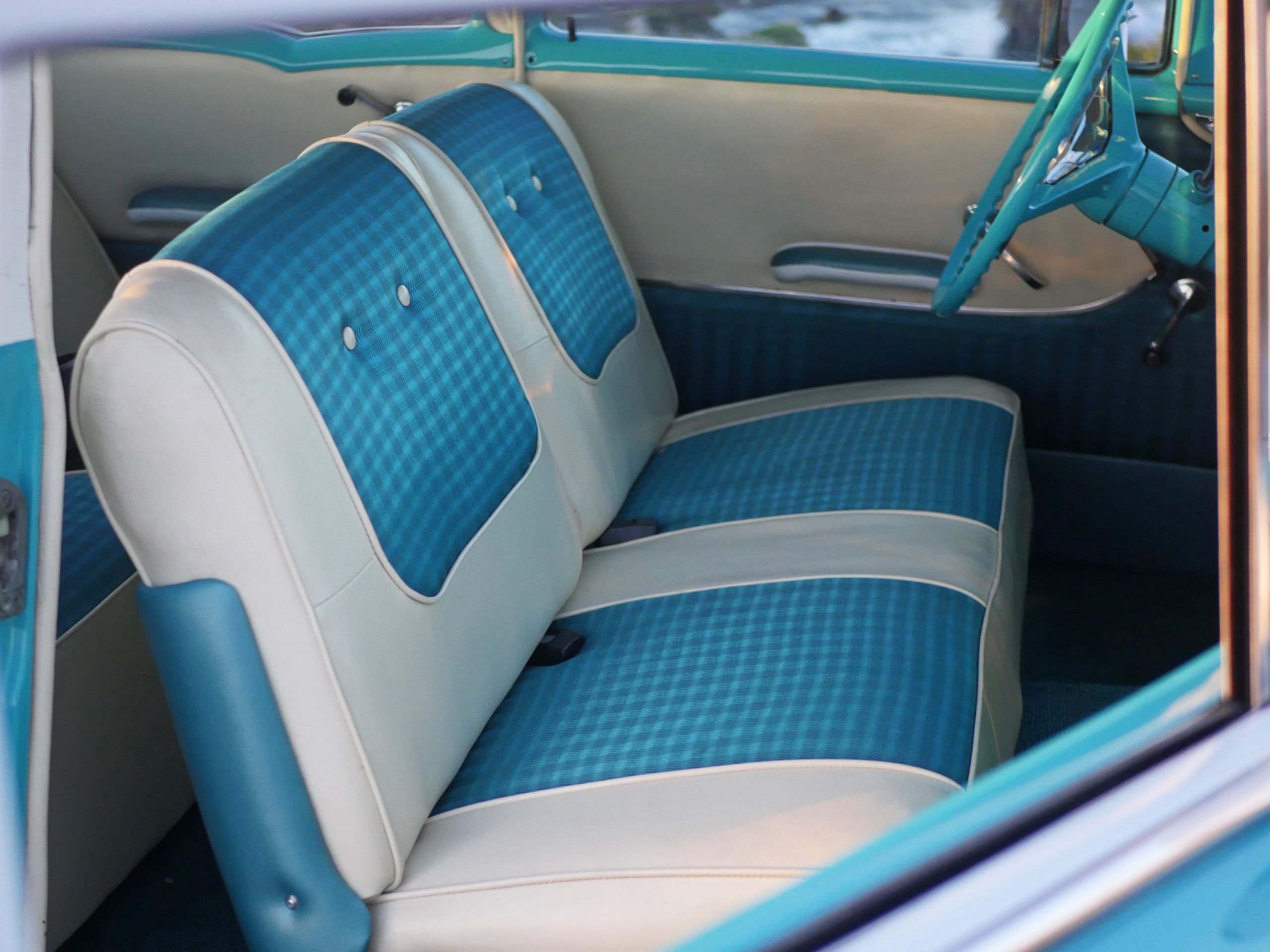 Aqua and White Leather Piping Interior of 1957 Chevy Bel Air Coupe Tribute