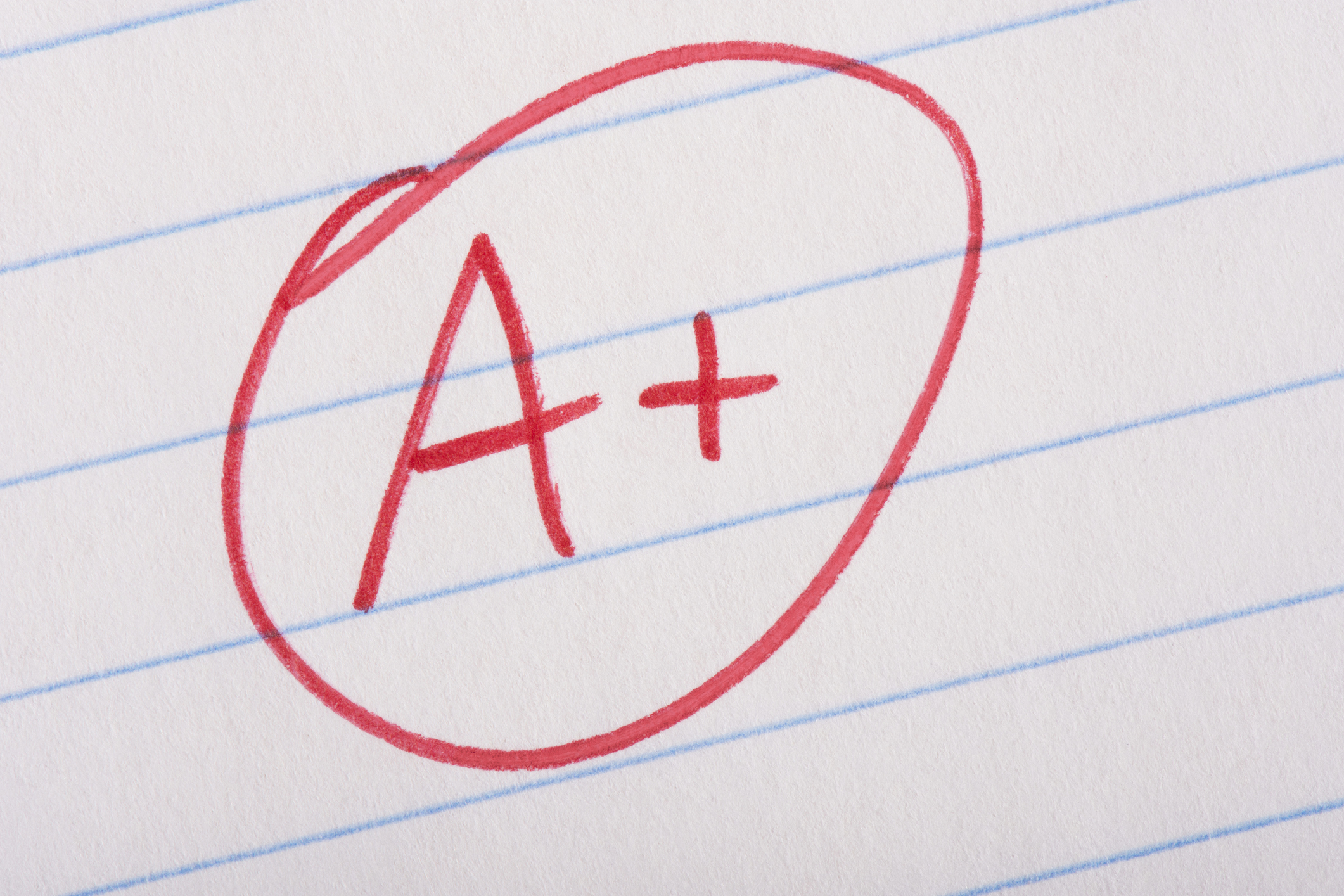 Closeup of Red ‘A+’ Circled on Wide Ruled Paper