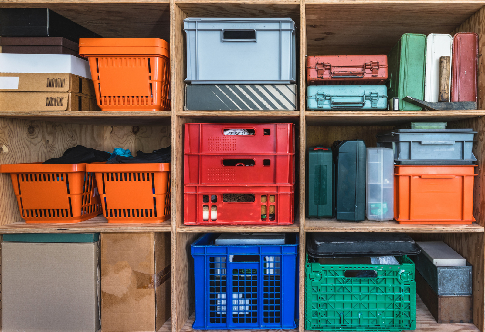 9 Shelves Filled With Opaque Containers of Tools and Misc. Items