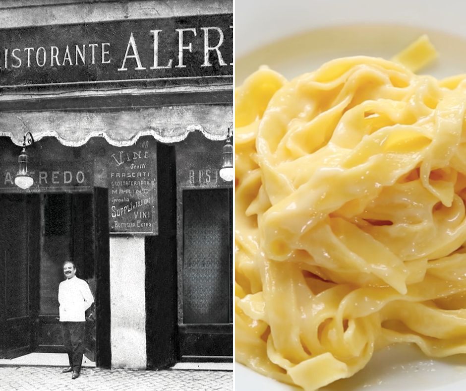 Alfredo Di Lelio outside of his restaurant side by side an alfredo pasta dish