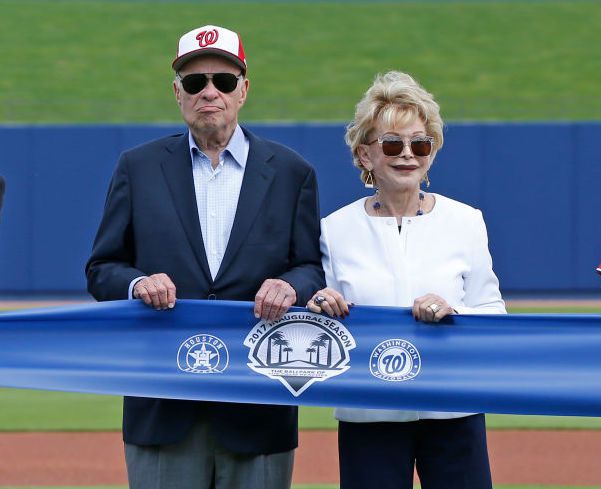 Ted Lerner owner of the Washington Nationals stands with his wife, Annette Lerner prior to the spring training game against the Houston