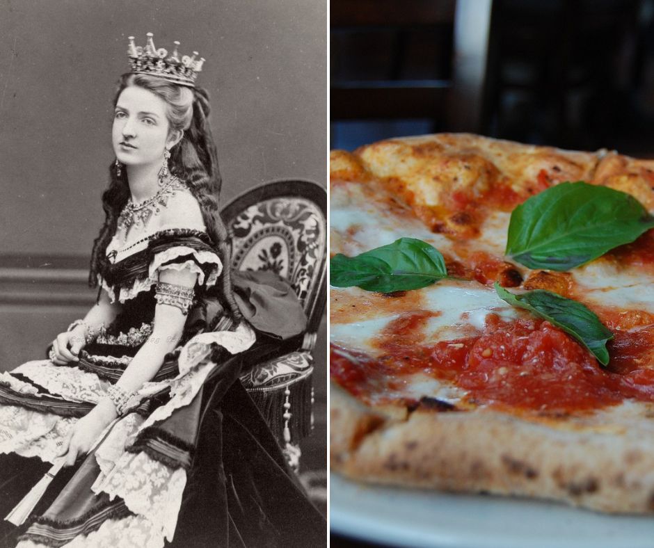 Margherita of Savoy side by side a pizza