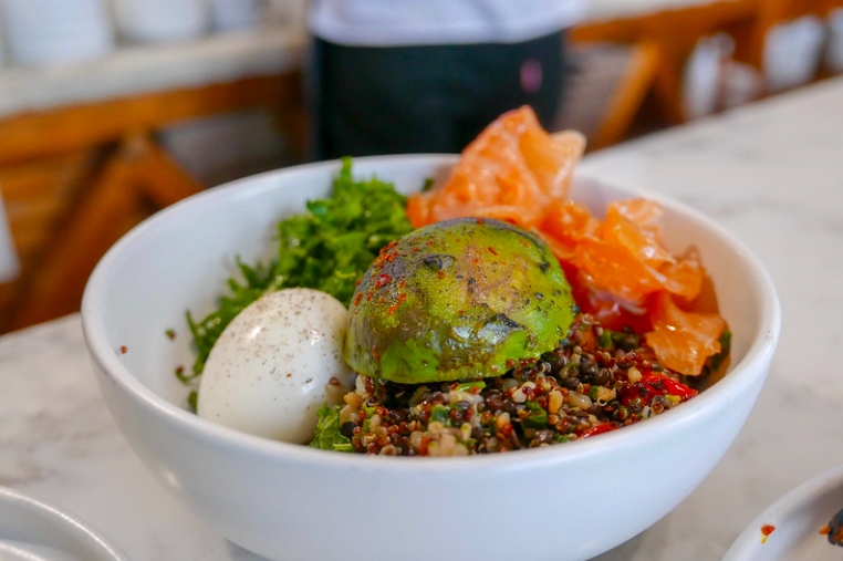 Quinoa and Lentil Bowl - Seasonal Vegetables, Kale, Six Minute Egg, Avocado, Gremolata, smoked salmon