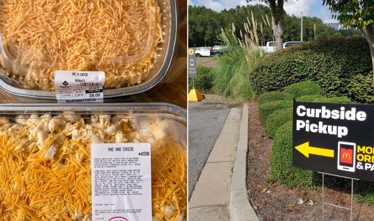 A split image shows packaged mac and cheese with shredded cheese on top—perfect for frugal life hacks—on the left, and a McDonald’s curbside pickup sign with directional arrows in a parking lot on the right.