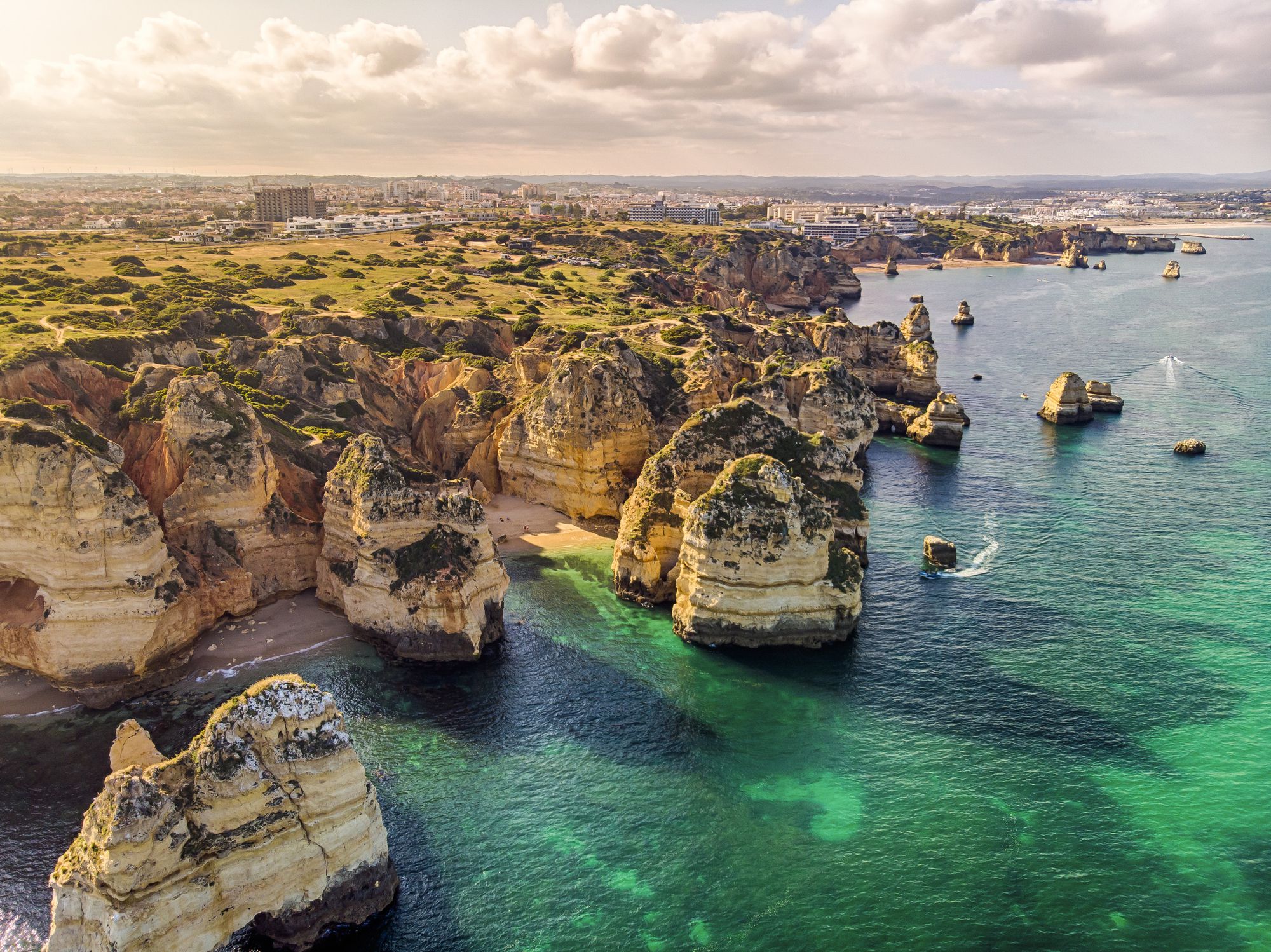 Beach Ponta da Piedade aerial view in a sunny day in Algarve region, Portugal