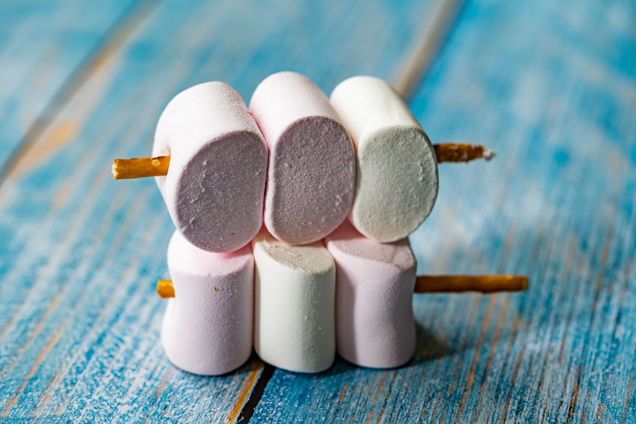Marshmallow with Pretzel Sticks Ready to Serve and Eat. Confectionery Concept.