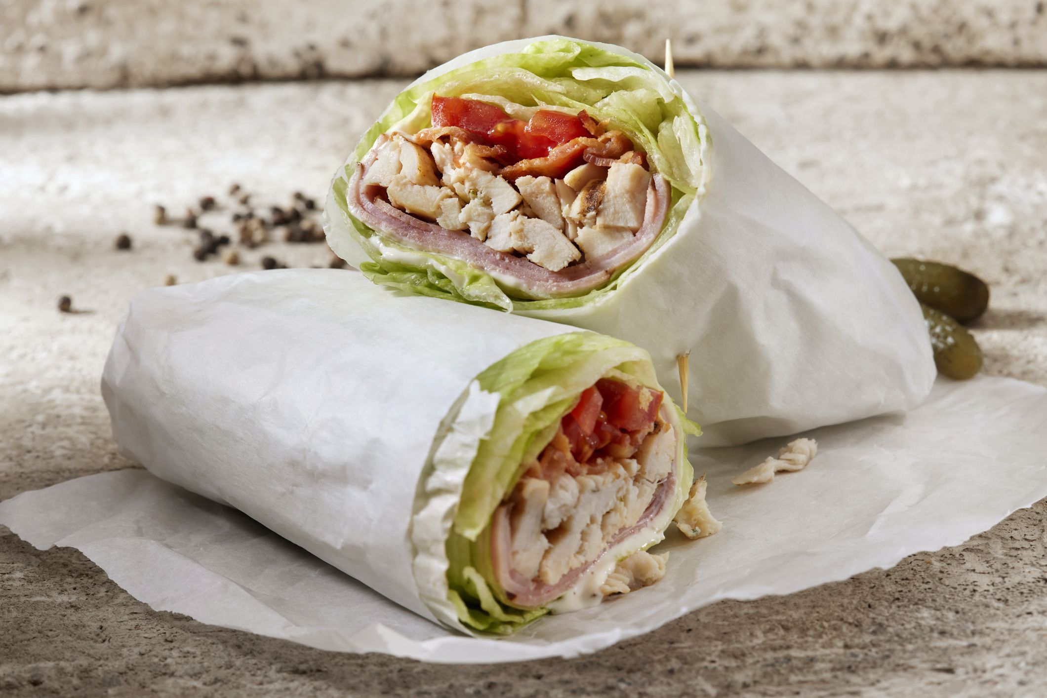 Roast Chicken BLT Lettuce Wrap Sandwich with Black forest Ham, Bacon, Lettuce, Tomato and Mayo