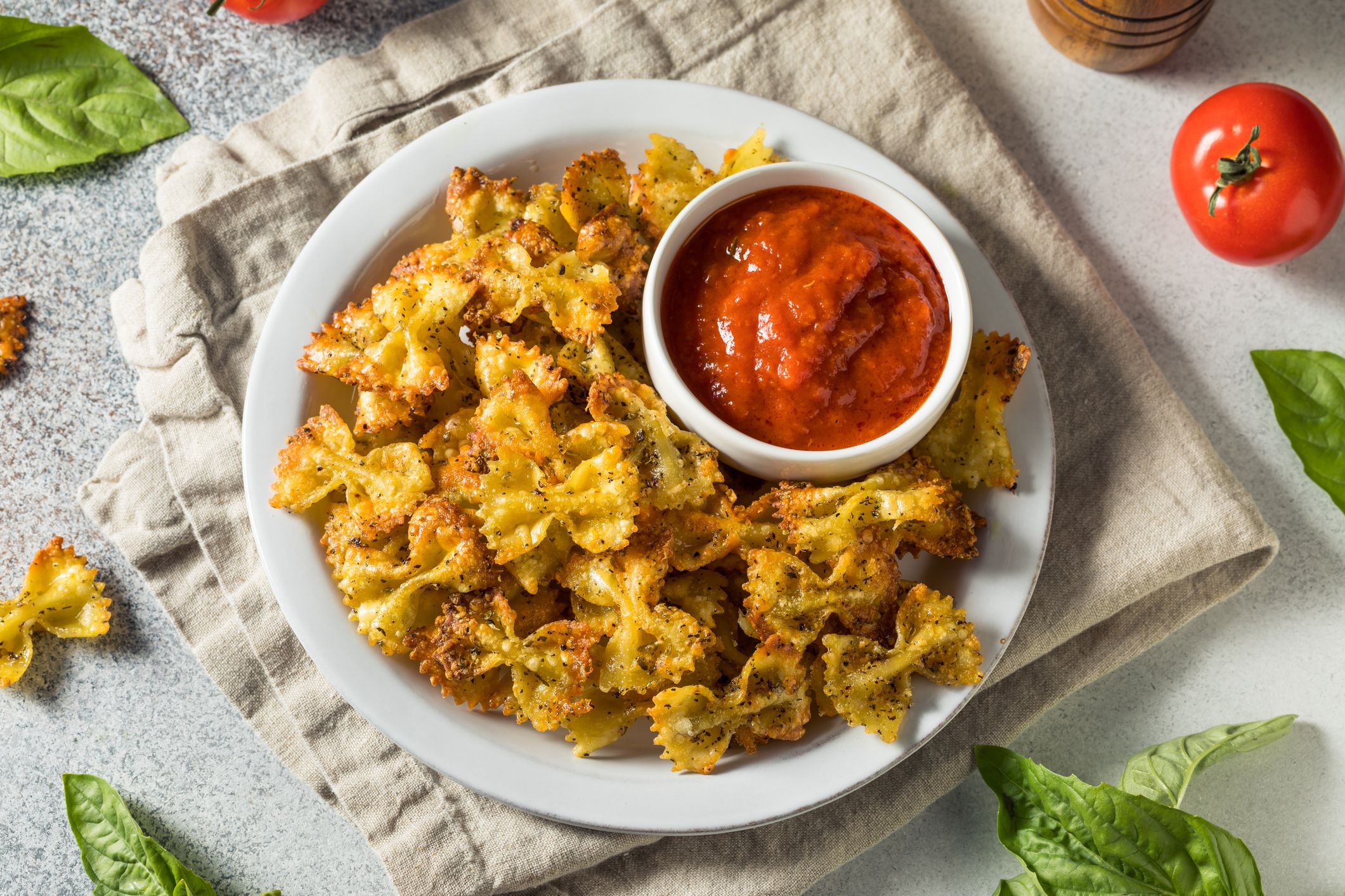 Homemade Trendy Pasta Chips with Marinara Sauce