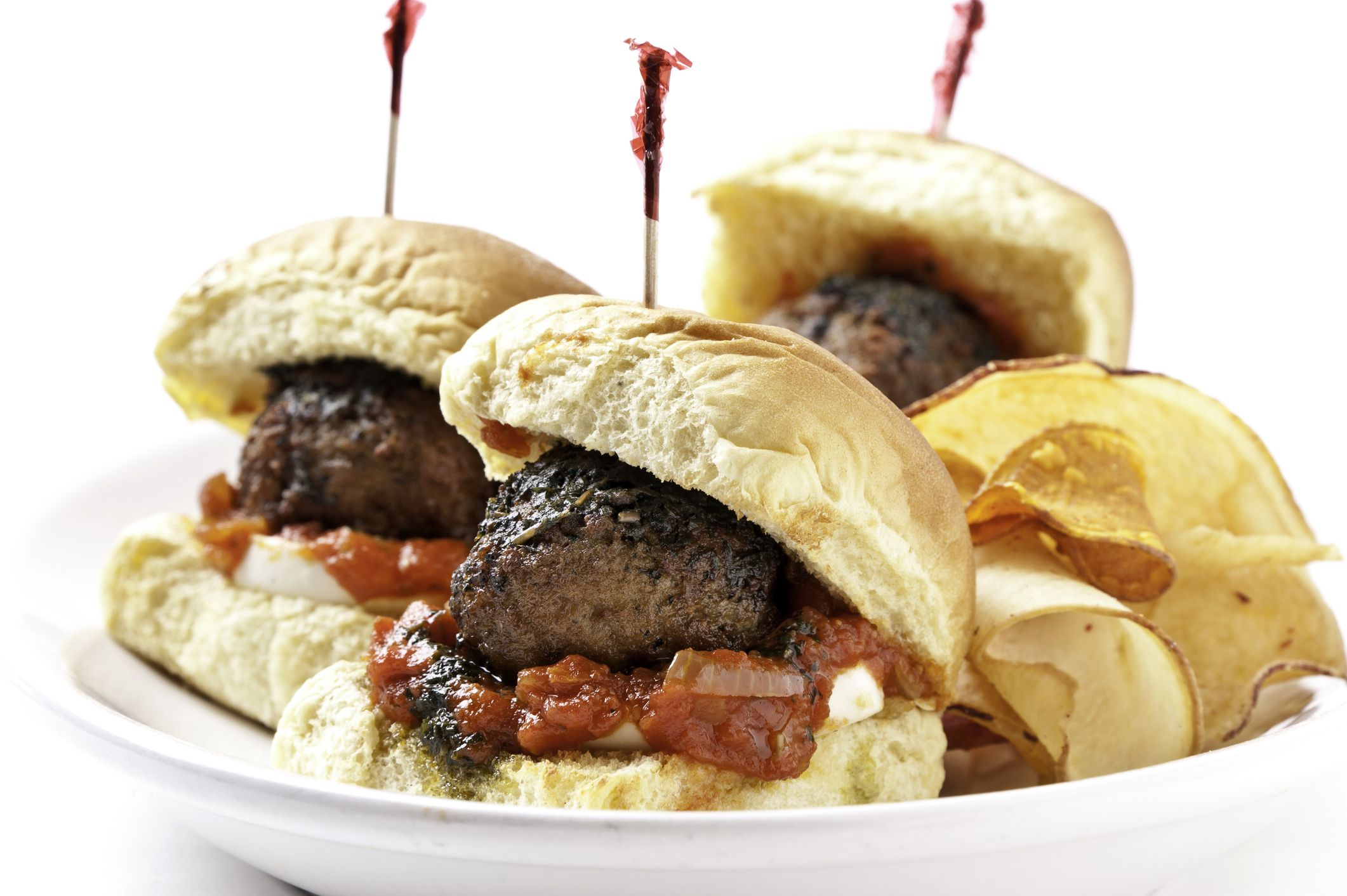 Char-Grilled beef meat ball mini burgers on white background