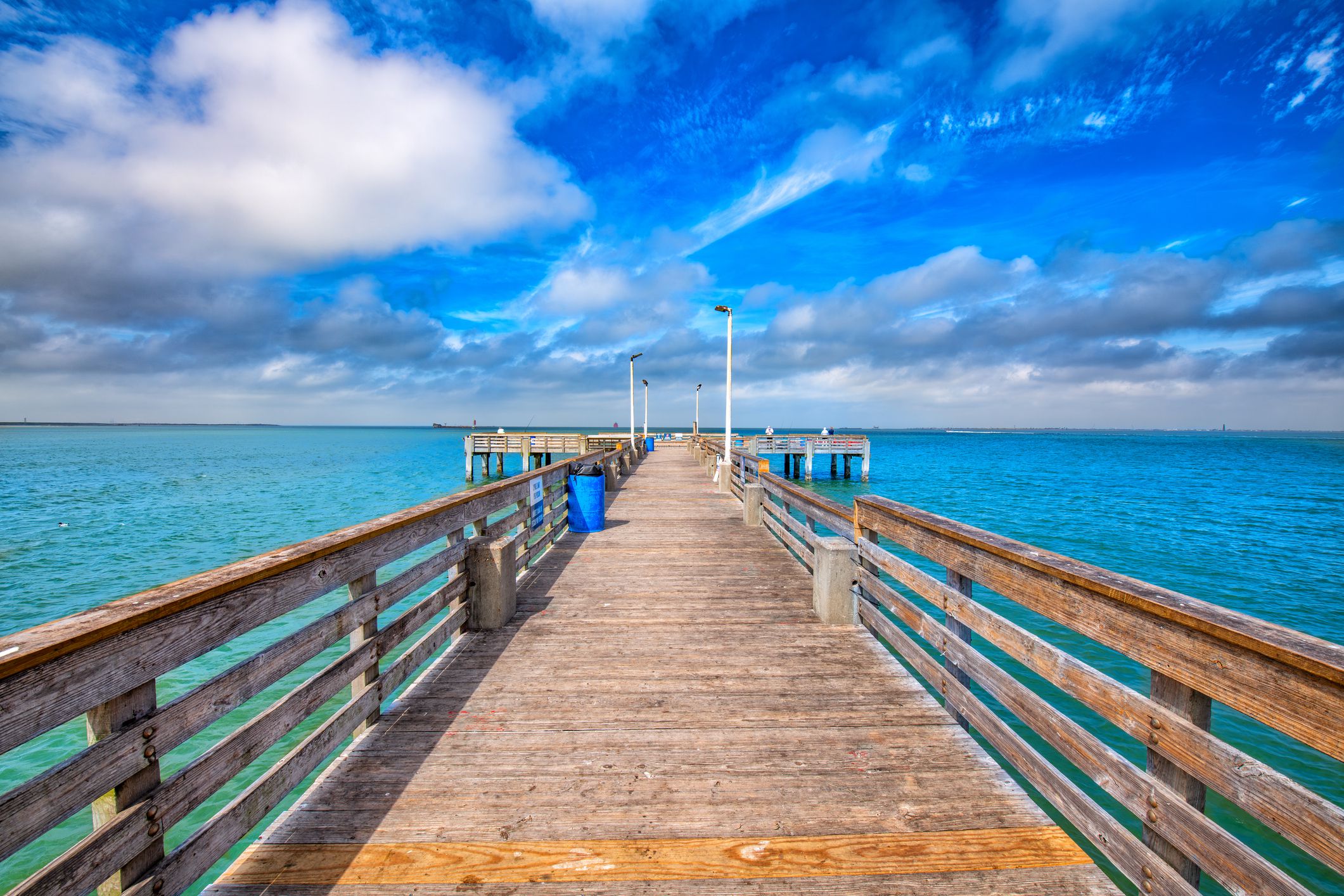 The public fishing pier at Seawolf Park located on Pelican Island, Galveston.
