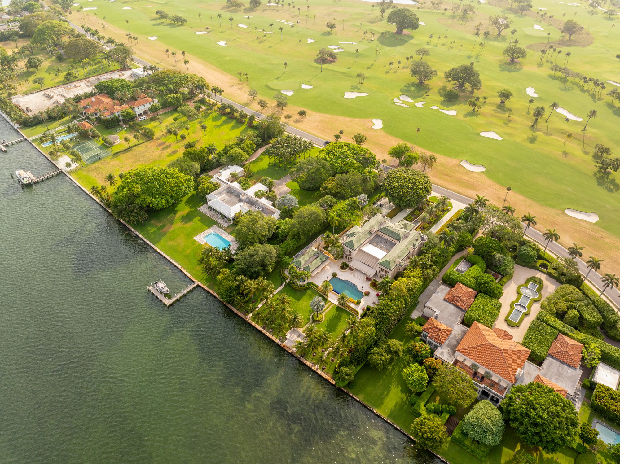 Miami Beach, FL, USA - May 17, 2024: Miami Beach Florida USA. Aerial view of Jeff Bezos luxury mansion on Indian Creek Island