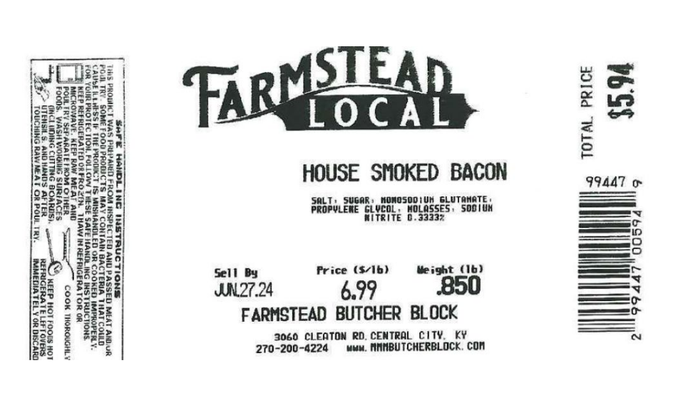 Farmstead local bacon recall label