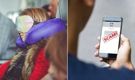 Split image: On the left, a person wearing a sparkly eye mask and neck pillow, showing off travel hacks people don&rsquo;t know. On the right, a hand holds a phone displaying a text message labeled &ldquo;SCAM!&rdquo; in bold red letters.