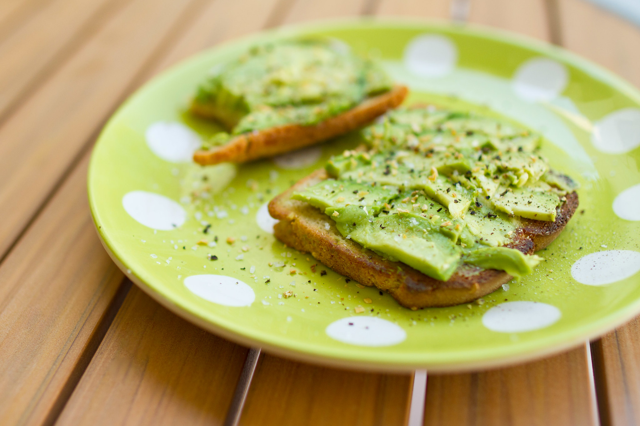 Avocado Toast on an Avocado Colored Plate With White Dots