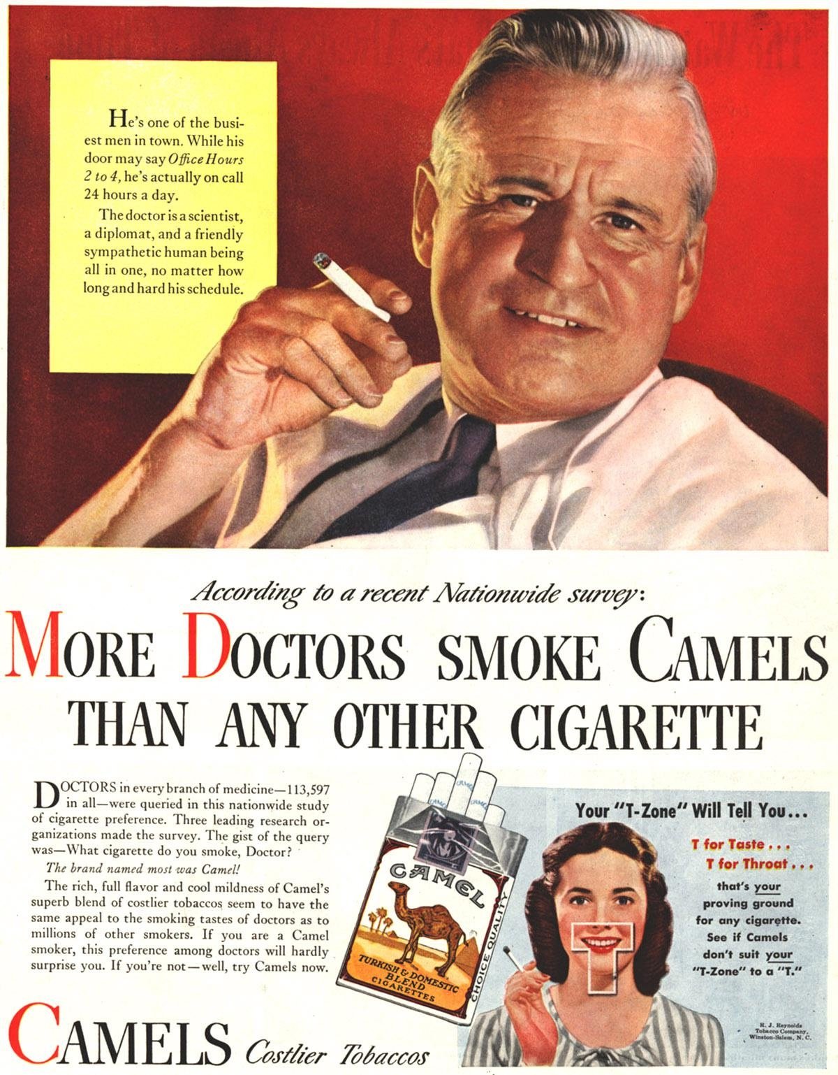 A vintage Camel cigarette ad shows a smiling older man in a suit holding a cigarette. It claims more doctors smoke Camels than any other brand—a classic example of debunked myths and the debunked facts boomers learned in school.