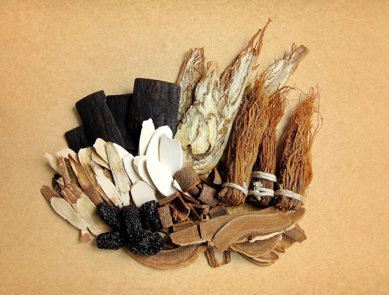 Ginseng and chinese herbs on a flat surface