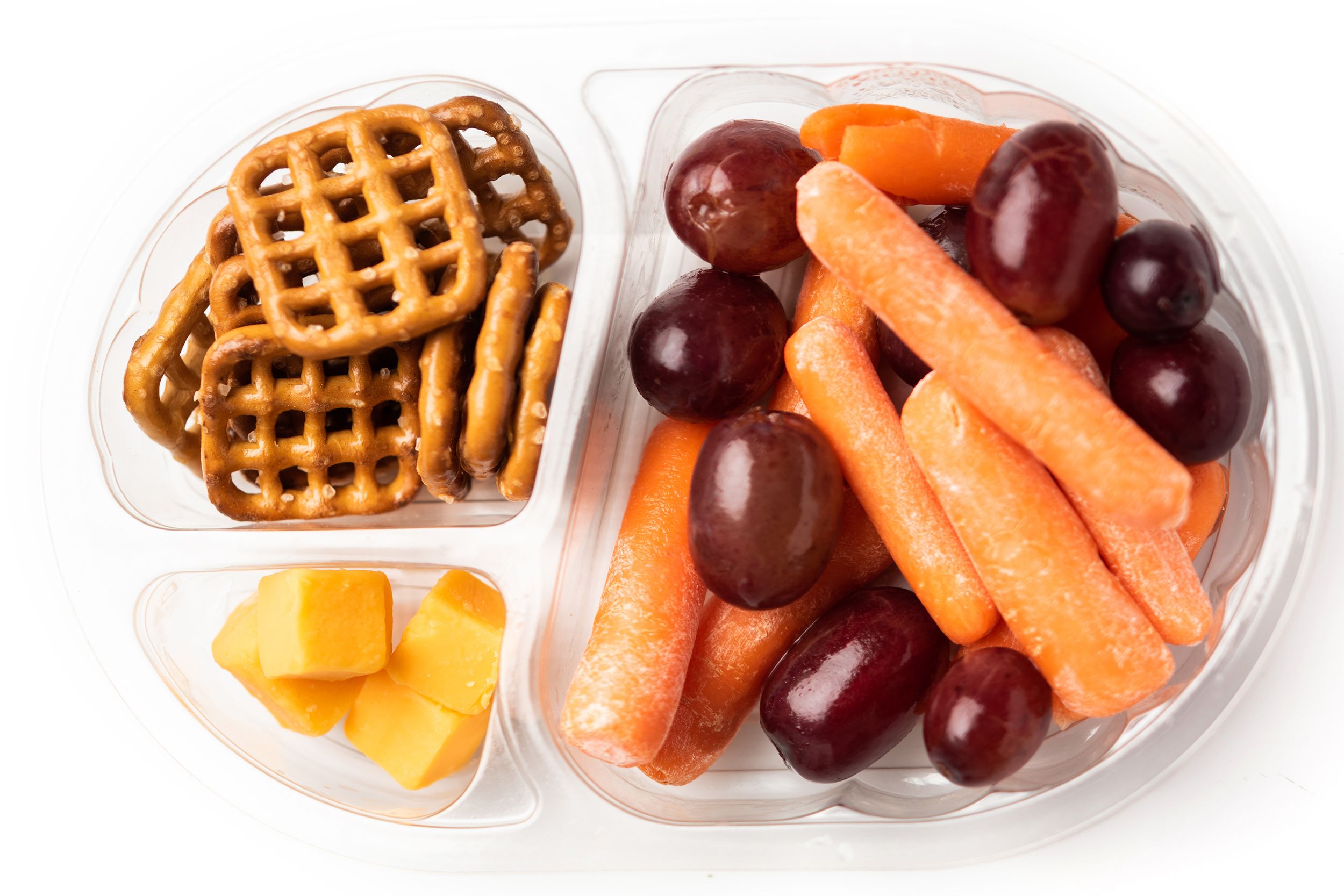 Pretzels, cheese, grapes, and carrots
