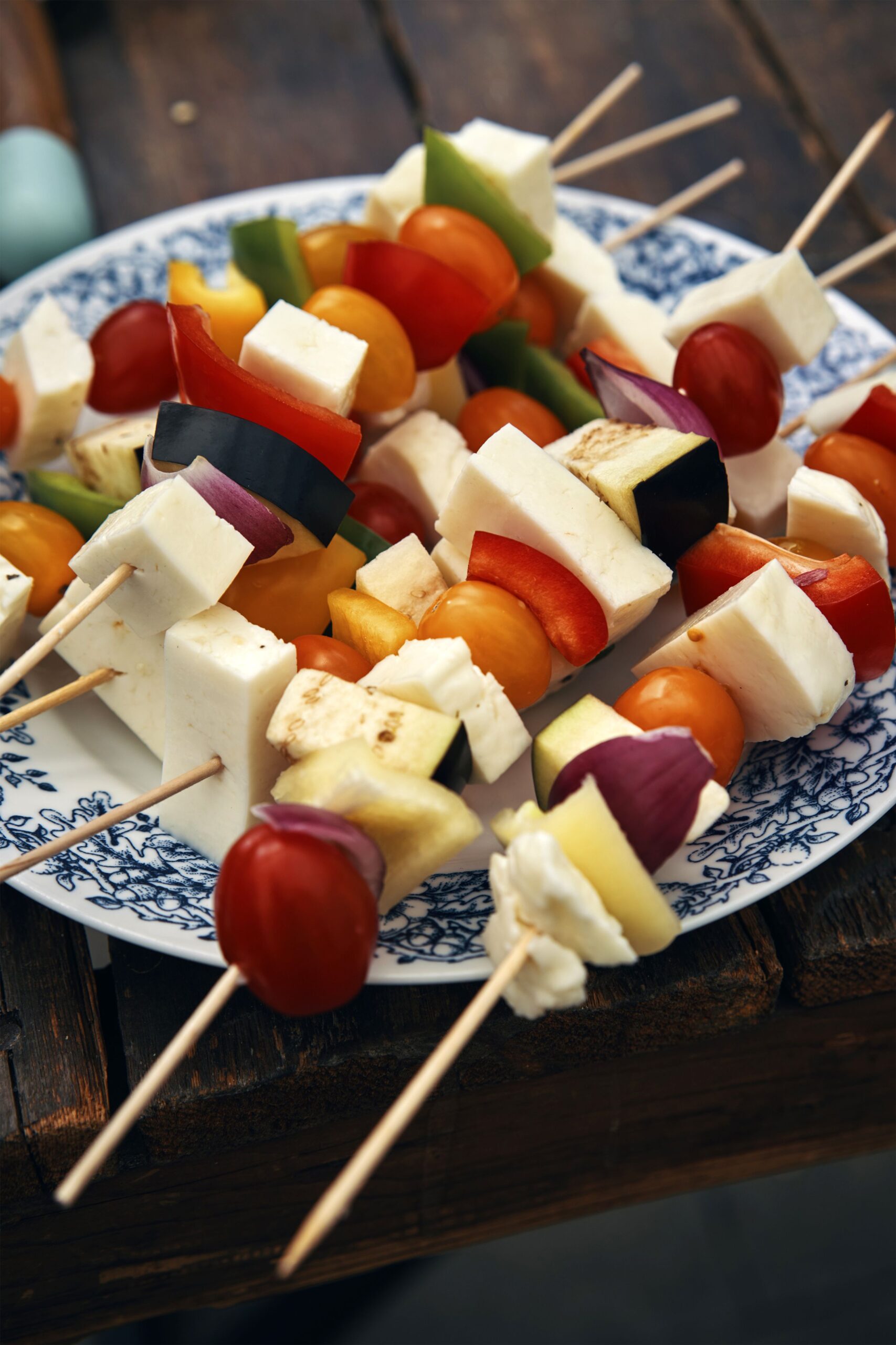 Cheese and vegetables on skewers