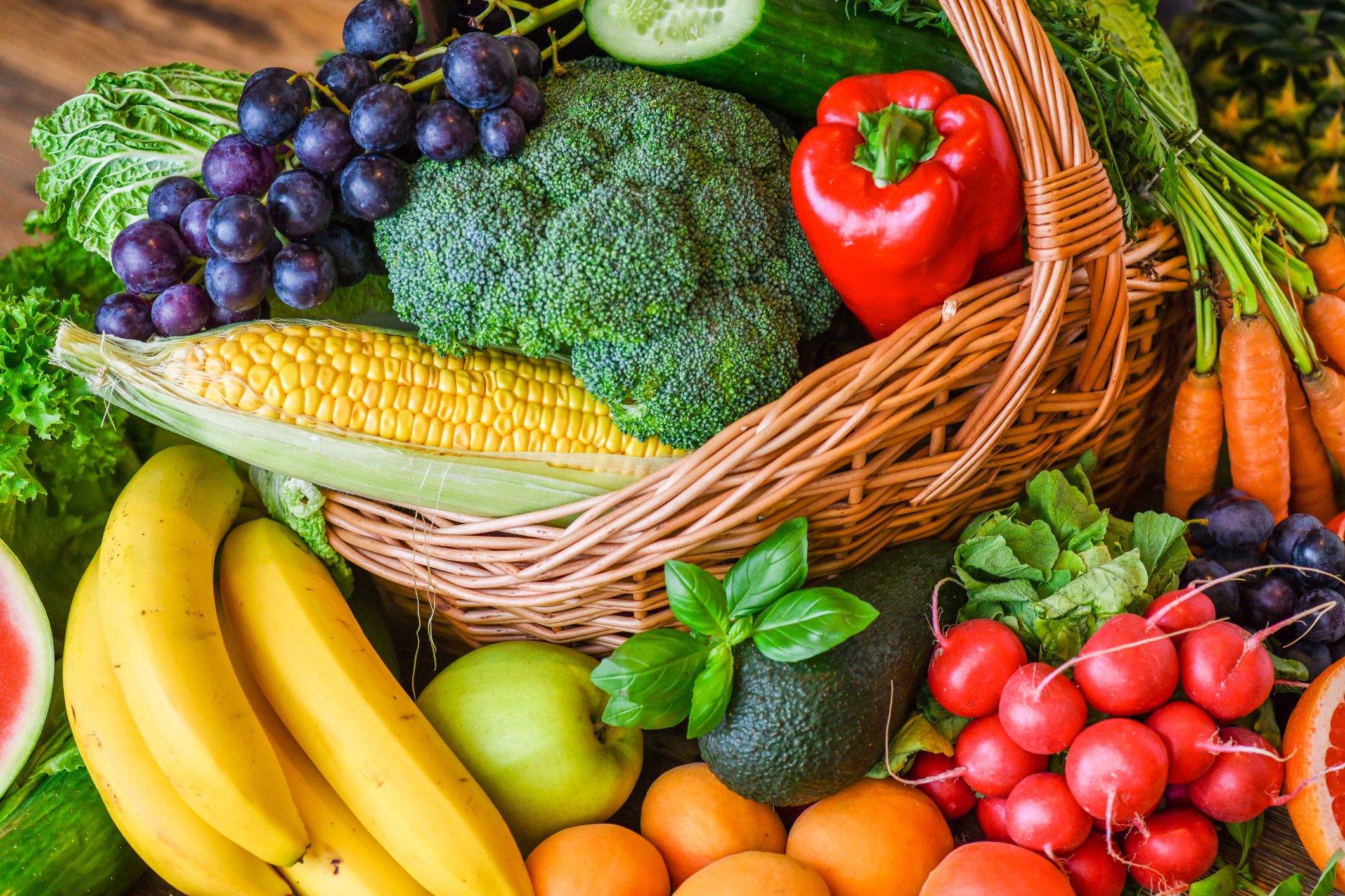 Assortment of raw fruits and vegetables, fresh mix vegetable.