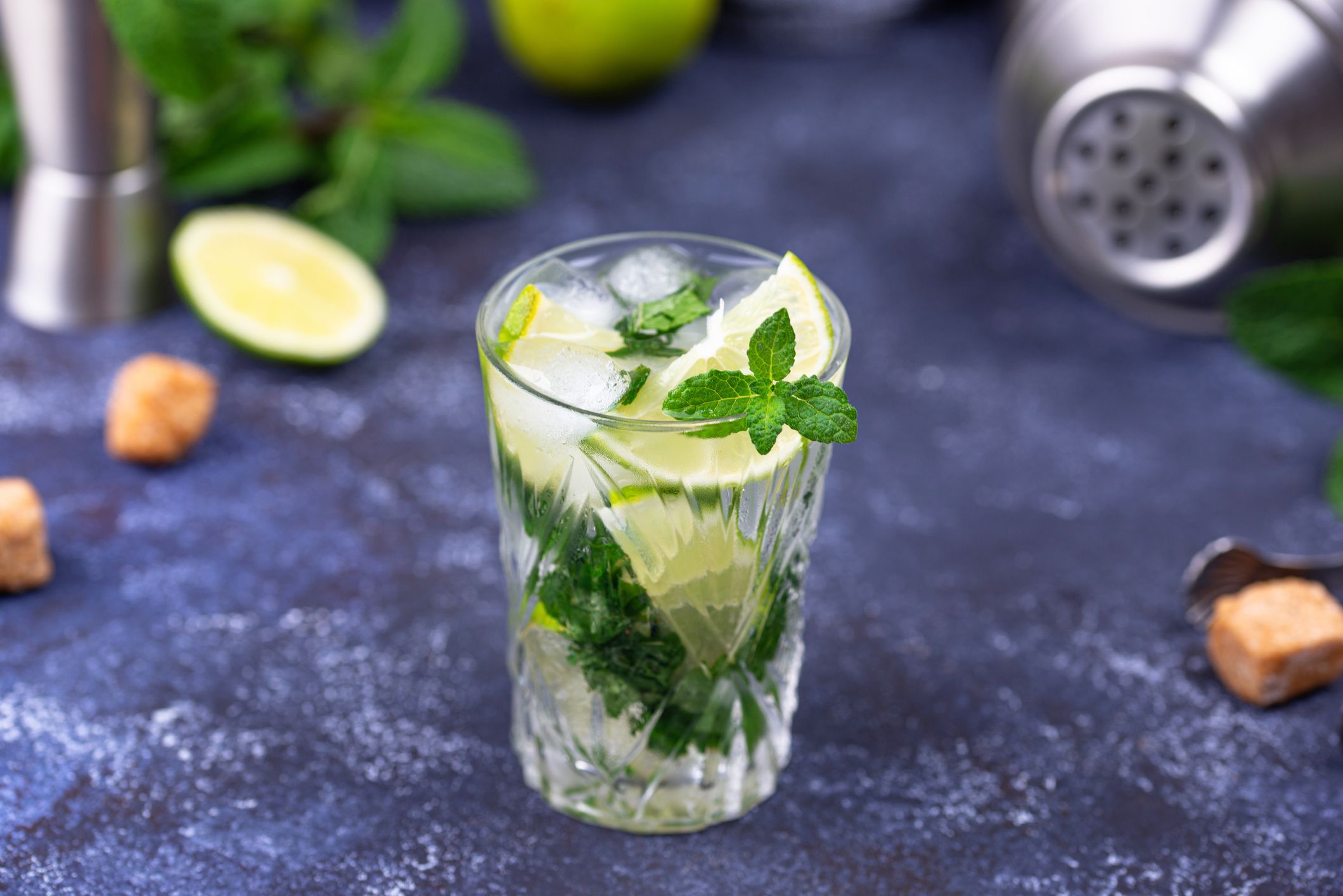 Summer cocktail with lime and mint. Gin tonic, gimlet or Mojito