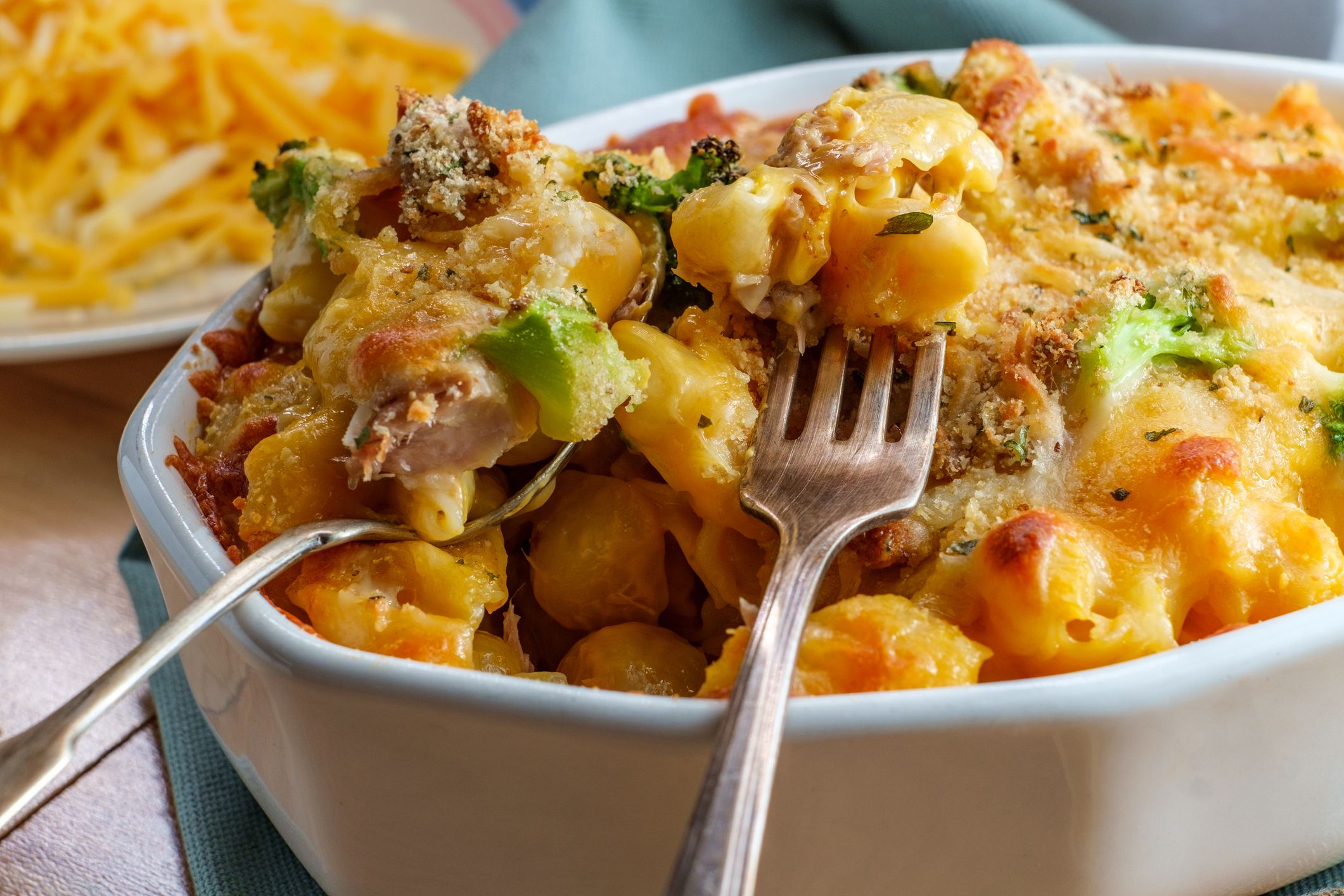 Baked American tuna fish casserole with broccoli and cheese